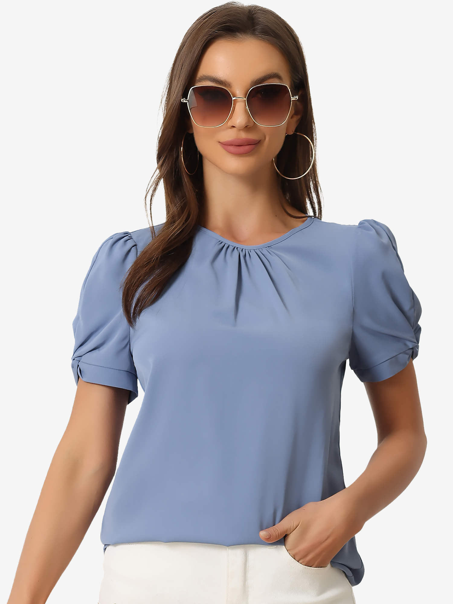 Ruched Sleeve Pleated Front Round Neck Blouse Blue Gray/XL