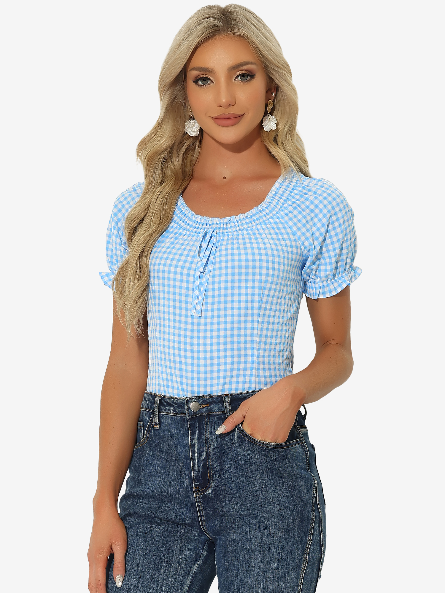 Peasant Round Neck Ruffles Puff Sleeve Gingham Plaid Blouse Blue/XL