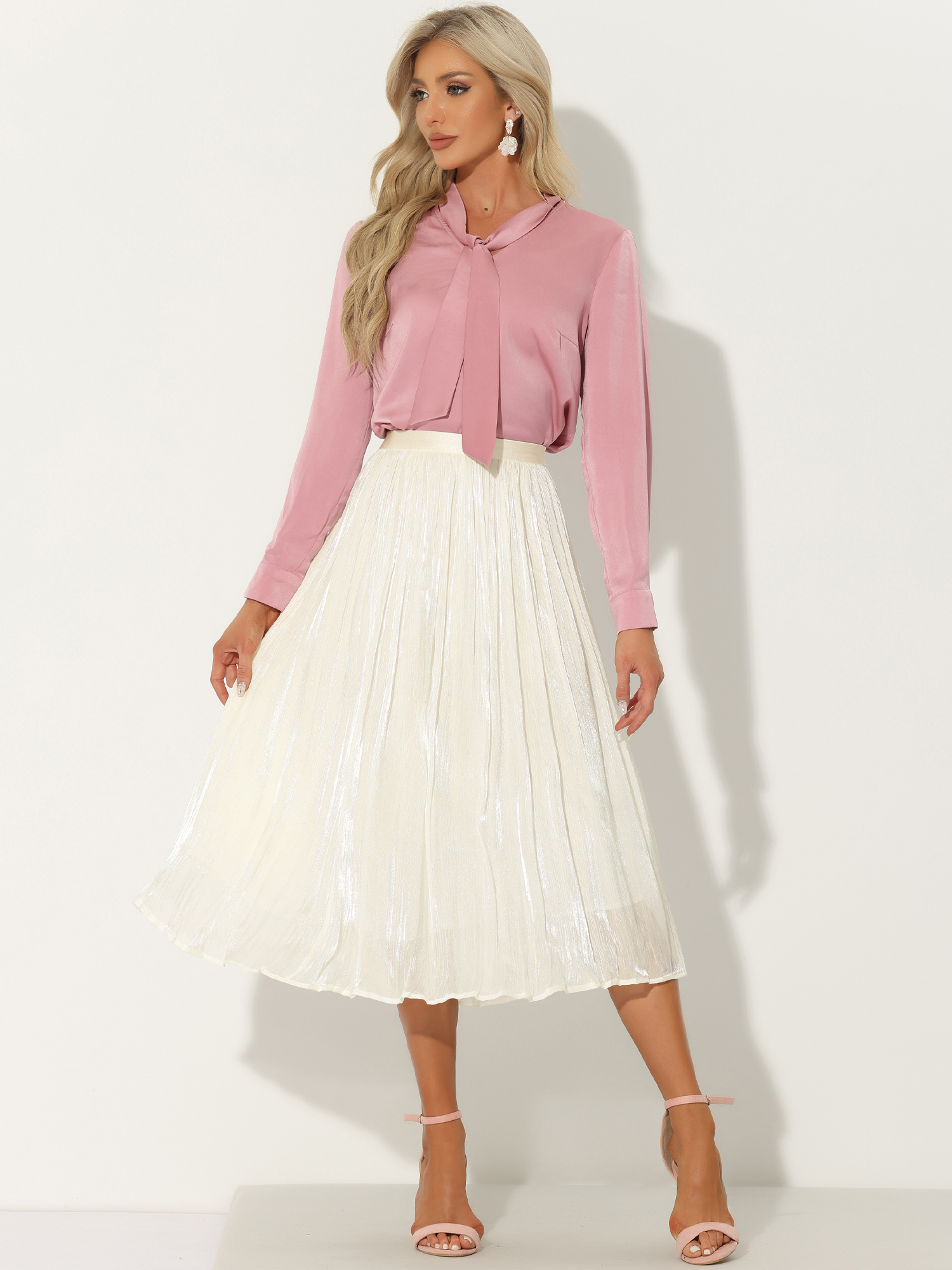Pleated Midi Elastic Waist Casual Accordion Skirt White/M
