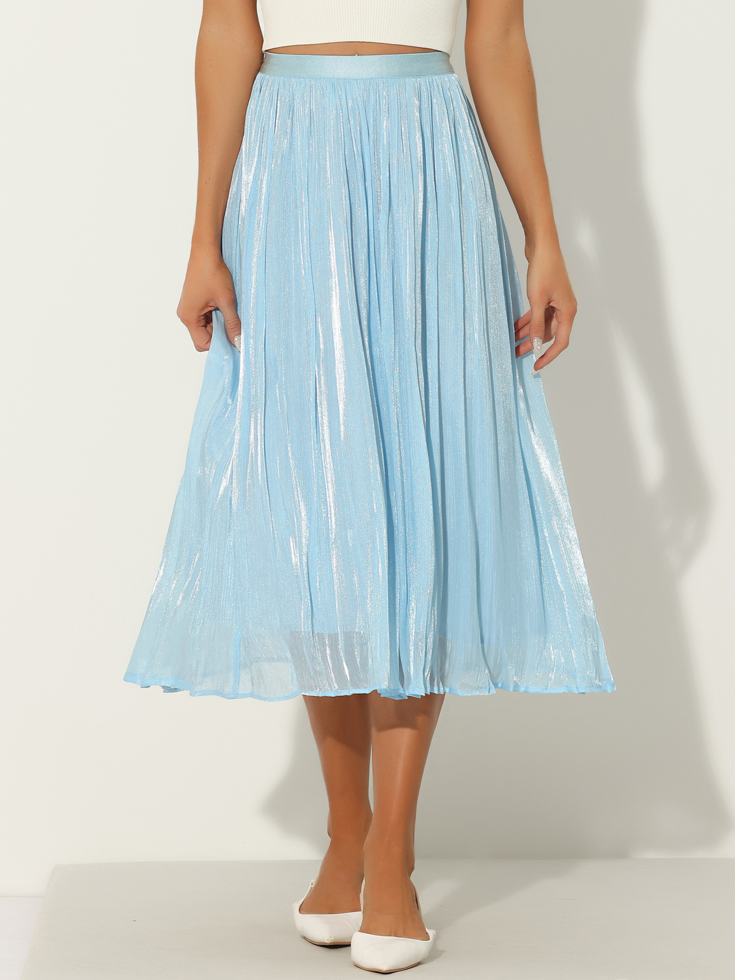 Pleated Midi Elastic Waist Casual Accordion Skirt Light Blue/S