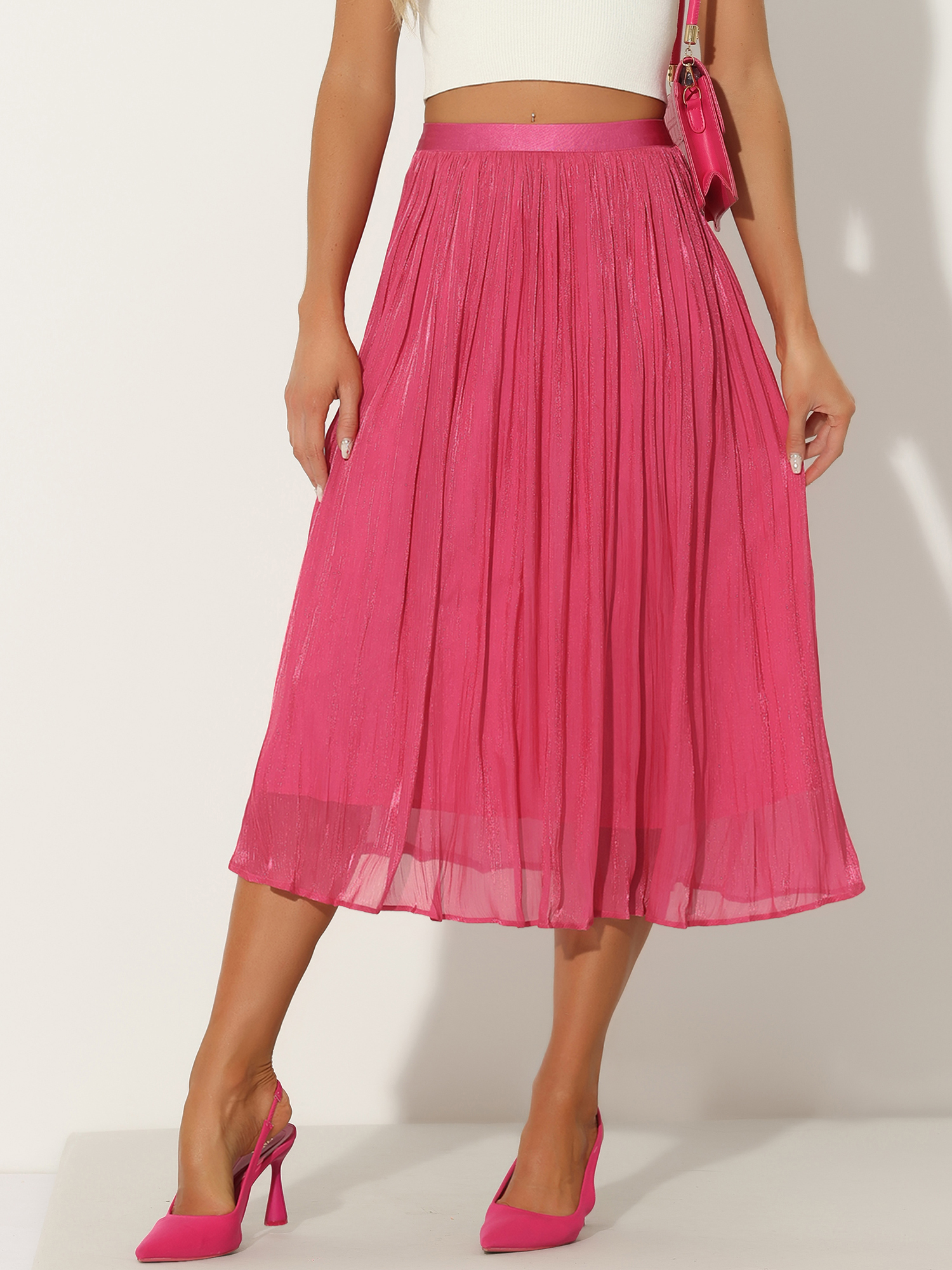 Pleated Midi Elastic Waist Casual Accordion Skirt Hot Pink/XL