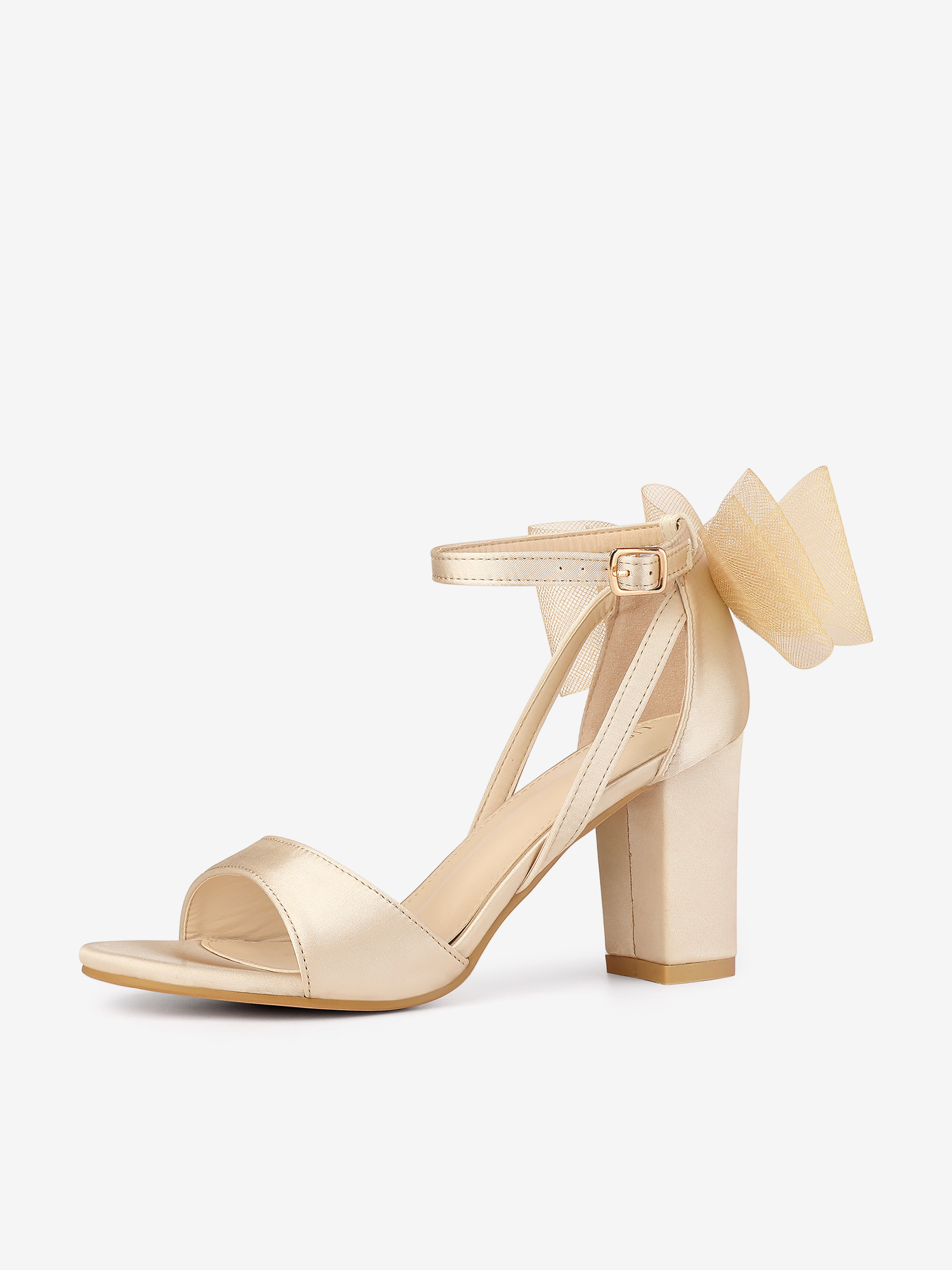 Women's Mesh Bow Ankle Strap Open Toe Chunky Heel Sandals Champagne/8