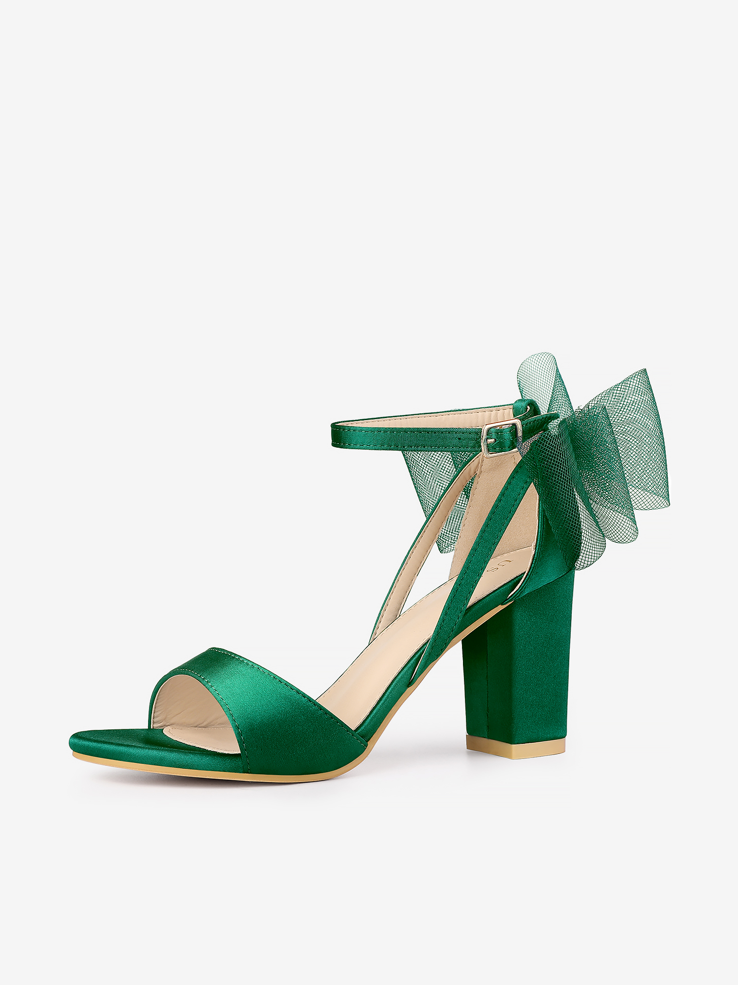 Women's Mesh Bow Ankle Strap Open Toe Chunky Heel Sandals Dark Green/7