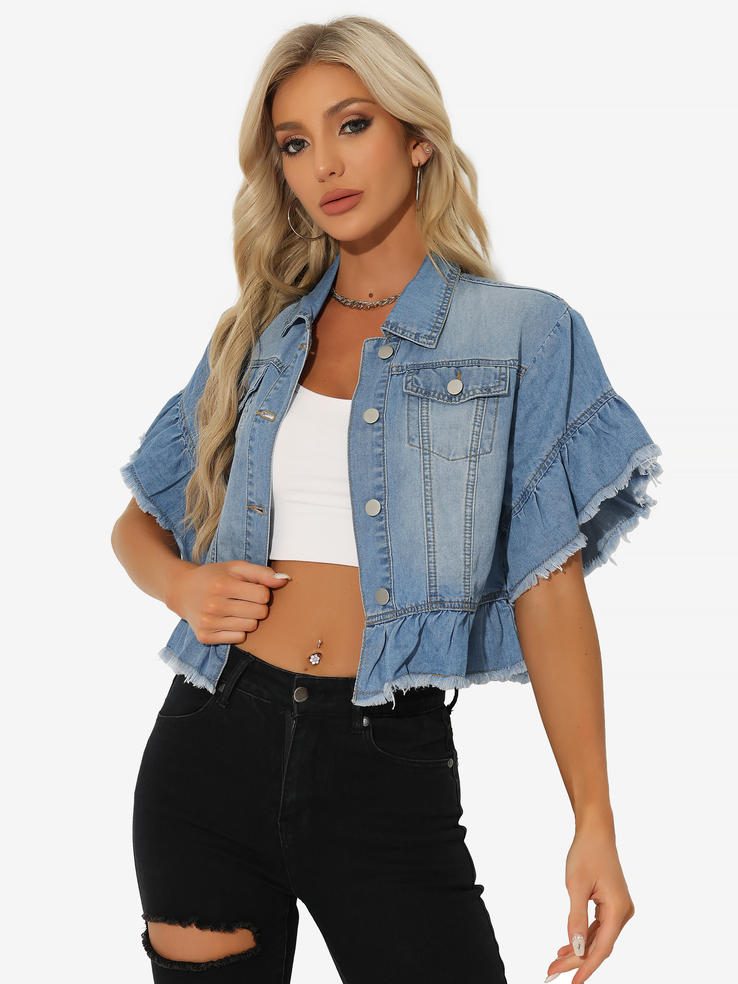 Denim Ruffled Short Sleeve Lightweight Peplum Hem Cropped Jean Jacket Light Blue/XS