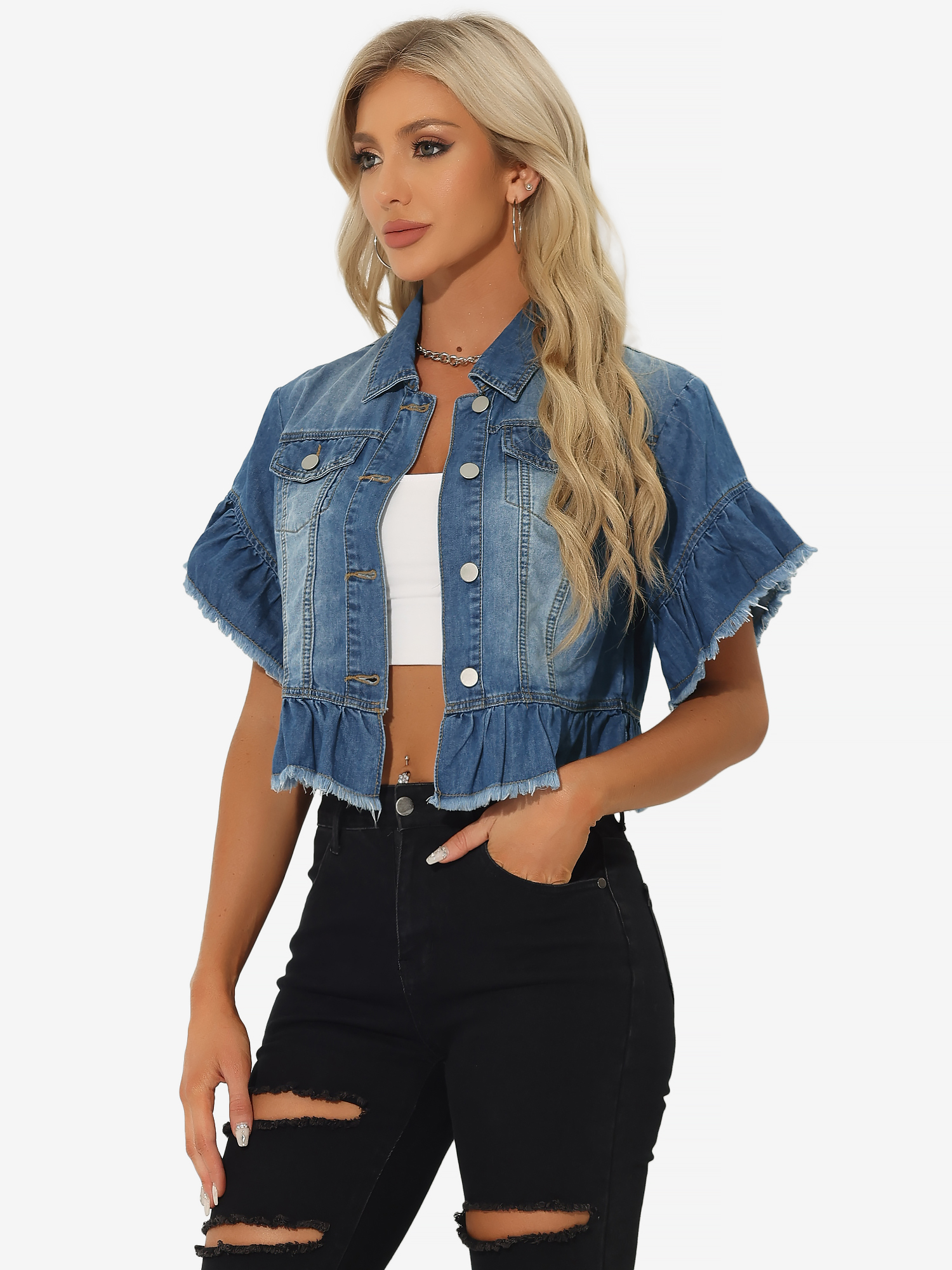 Denim Ruffled Short Sleeve Lightweight Peplum Hem Cropped Jean Jacket Blue/M
