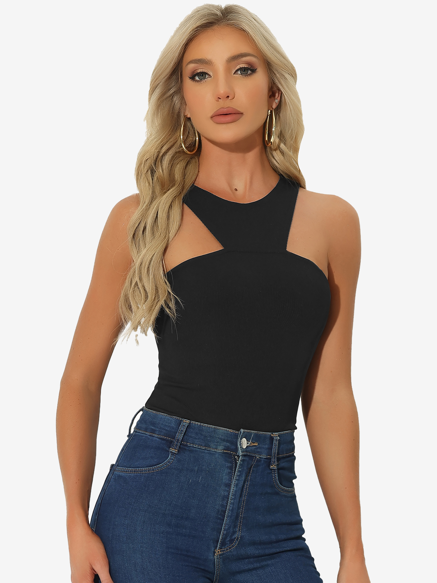 Sleeveless Sexy Bodysuit Asymmetrical Halter Neck Tank Top Black/S