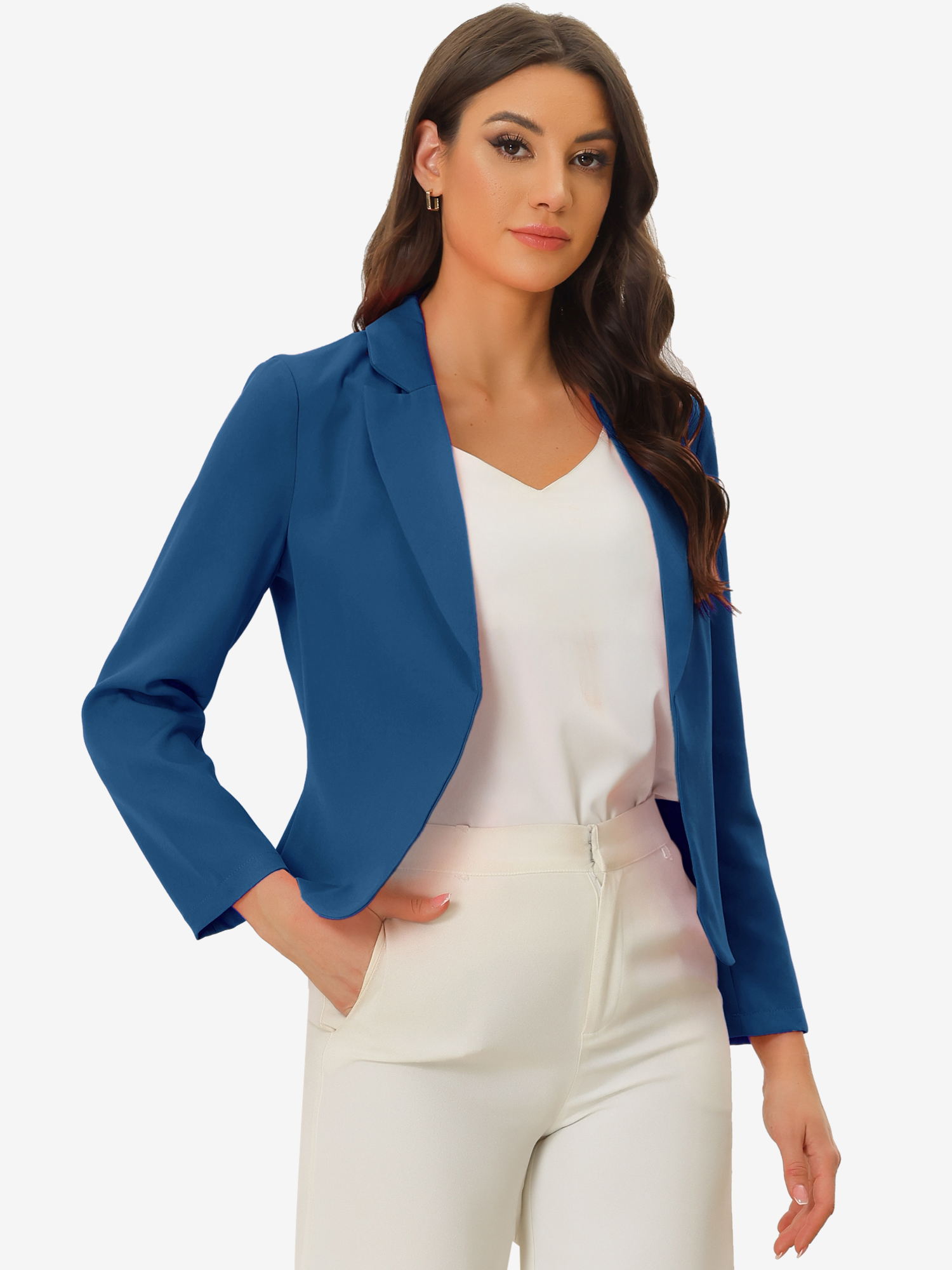 Notched Lapel Long Sleeves Solid Color Open Front Cropped Blazer Lake Blue/S