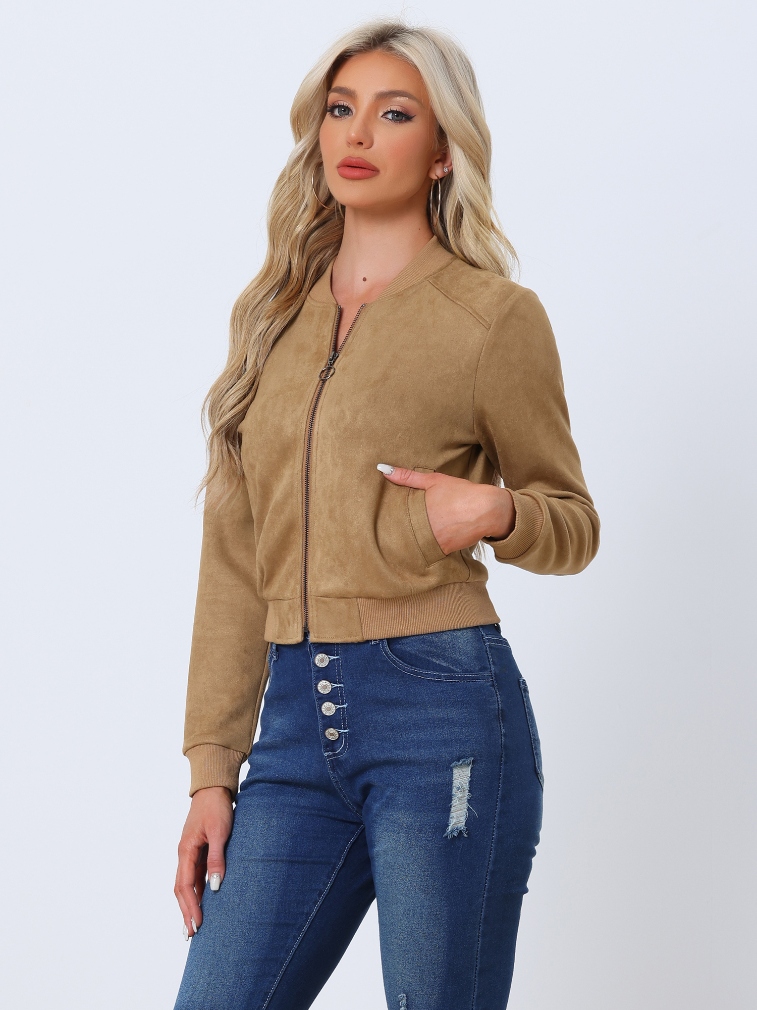Faux Suede Crop Stand Collar Zip Up Biker Moto Bomber Jackets Khaki/XL