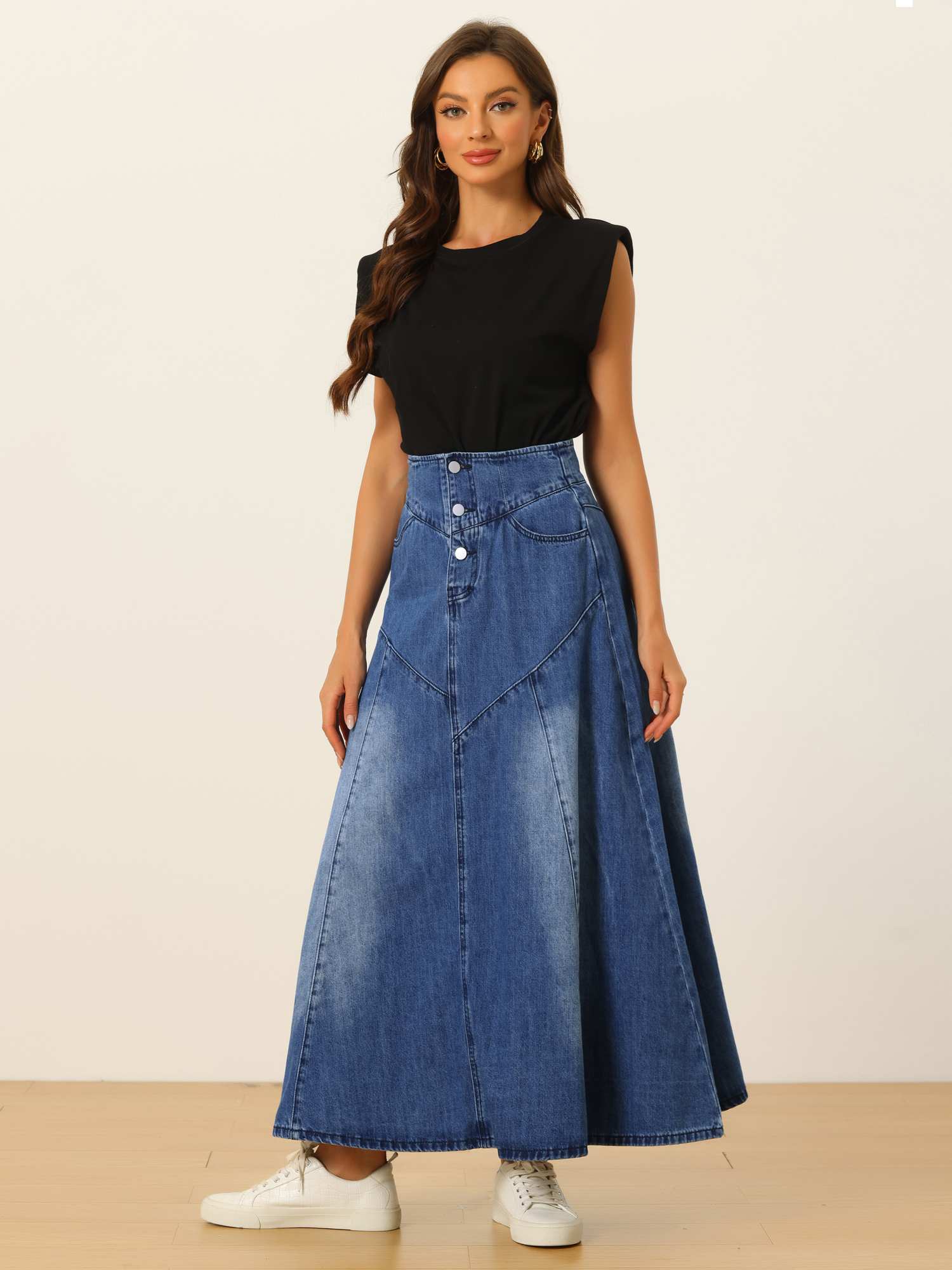 Casual Denim High Waisted A-Line Flared Maxi Skirt Blue/XL