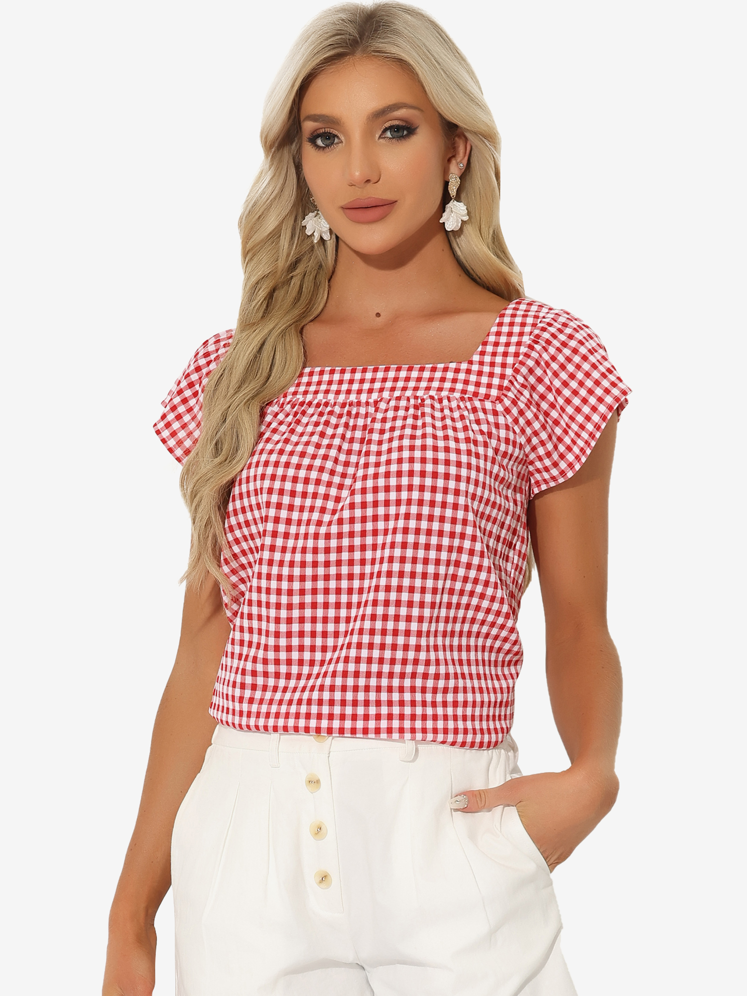 Square Neck Short Sleeves Gingham Plaid Blouse Red/M