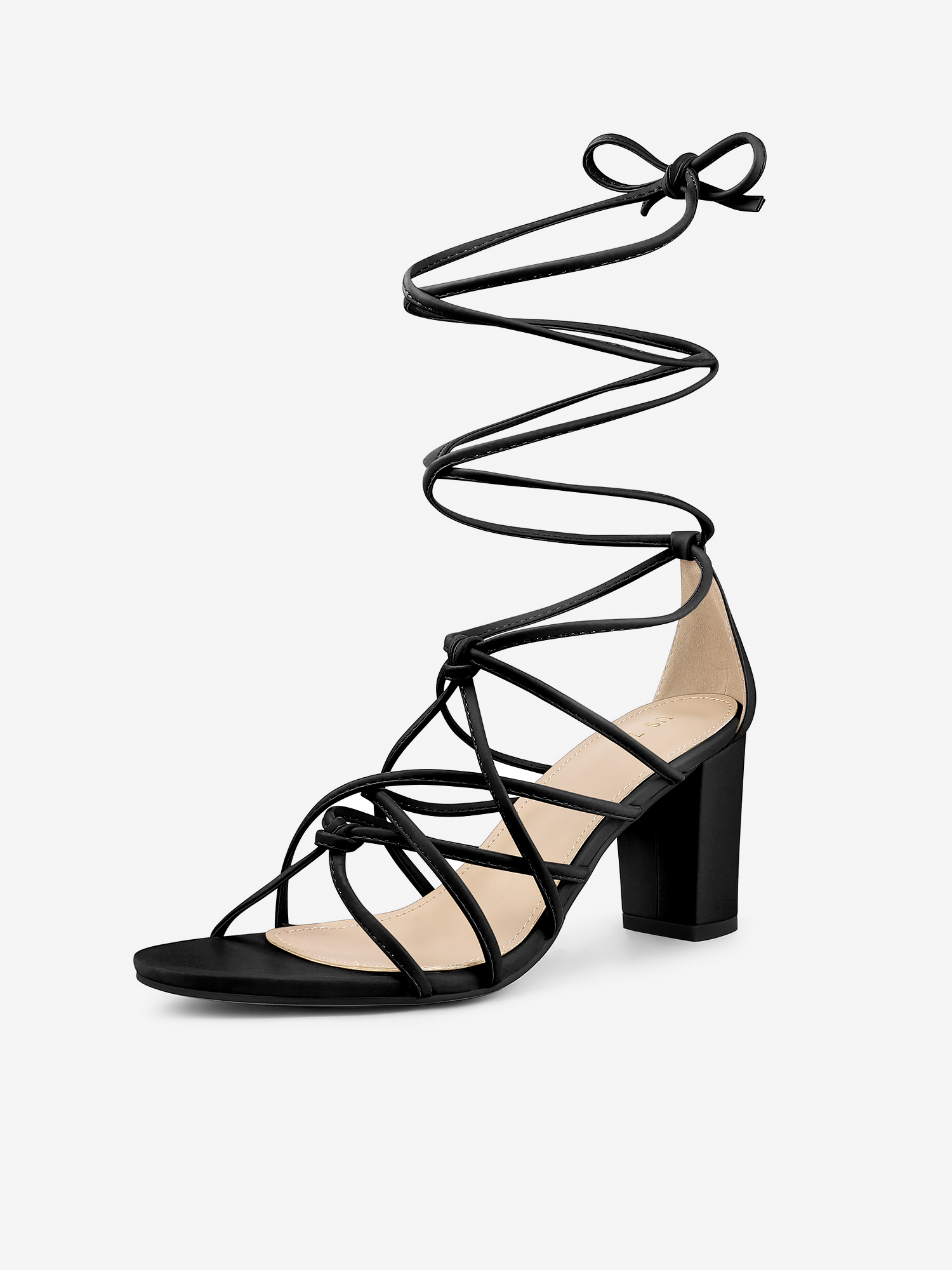 Women's Open Toe Knots Strap Lace Up Chunky Heels Sandals Black/10.5