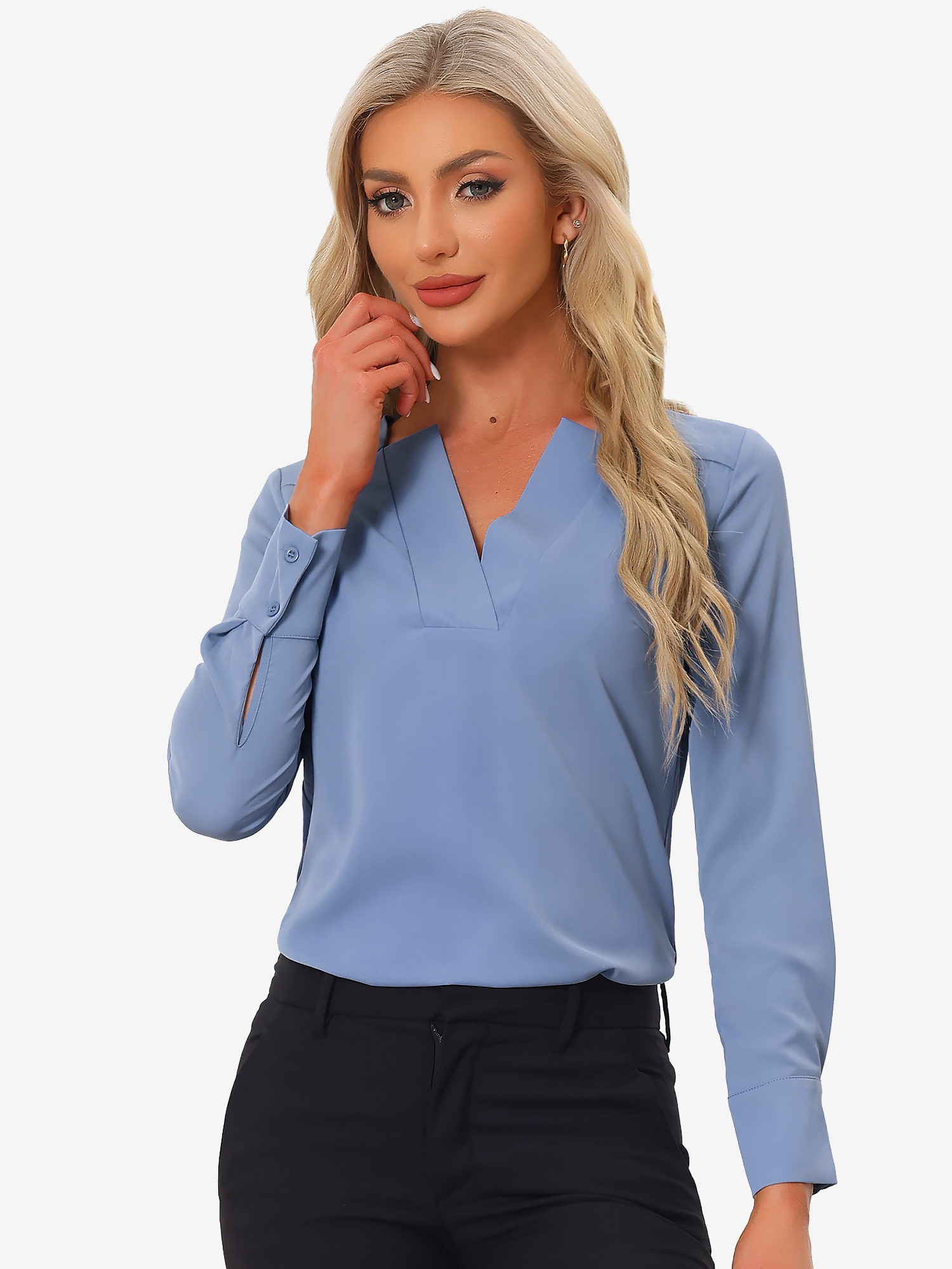 Business Casual Office Long Sleeve V Neck Solid Blouse Blue Gray/L