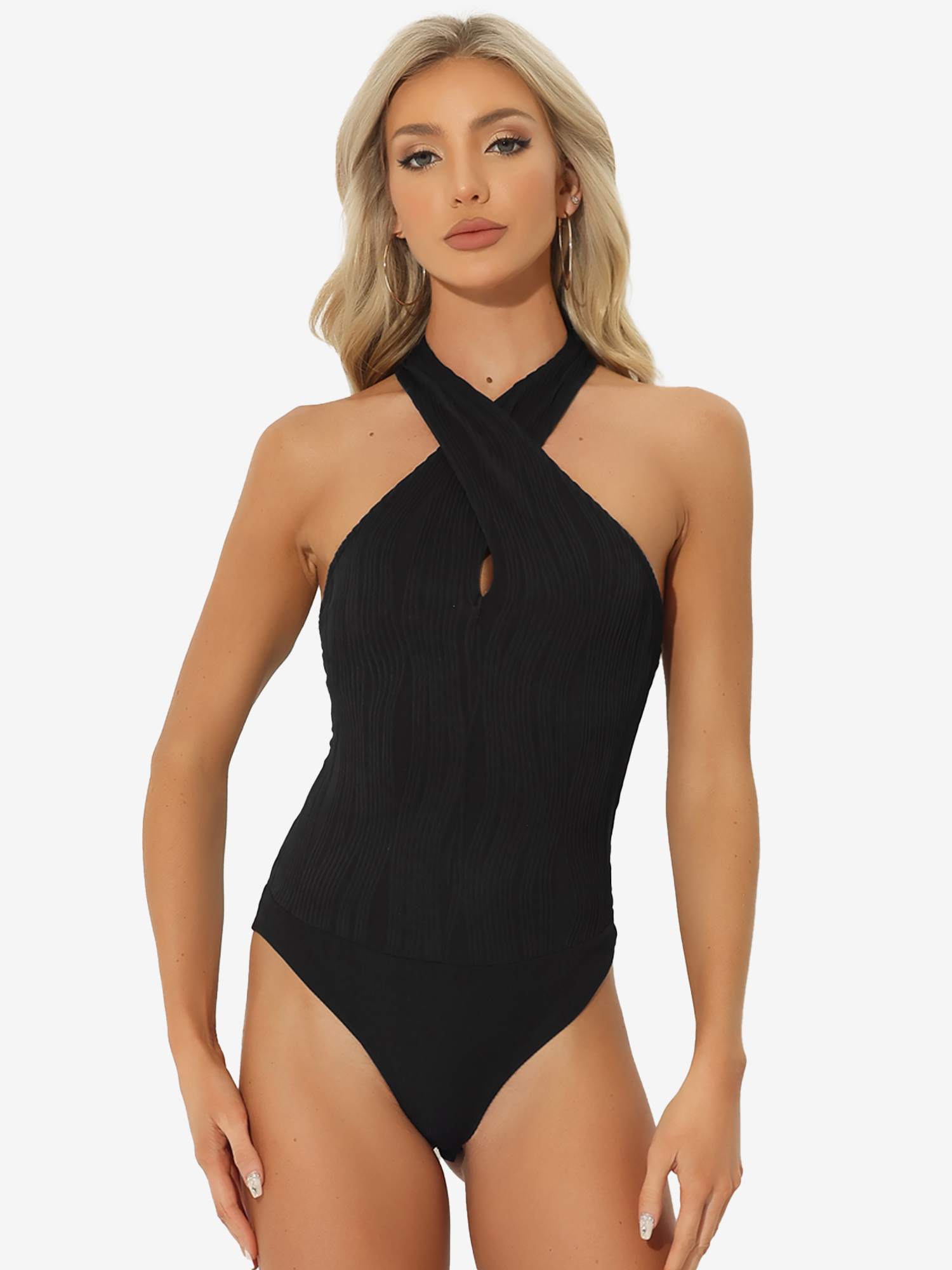 Textured Sexy Halter V Neck Sleeveless Top Bodysuit Black/M