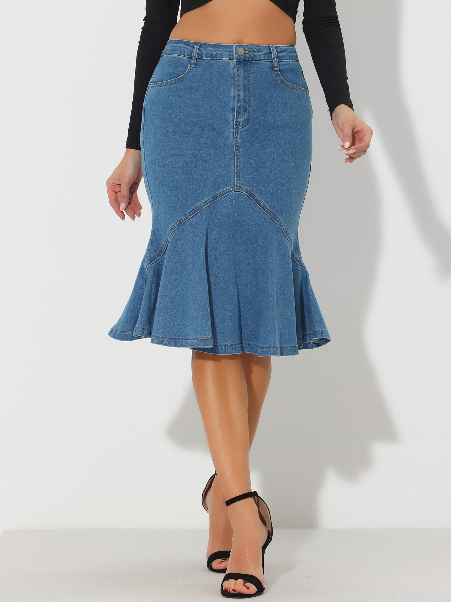 Fishtail Denim High Waist Bodycon Jean Ruffles Skirts Sky Blue/XS