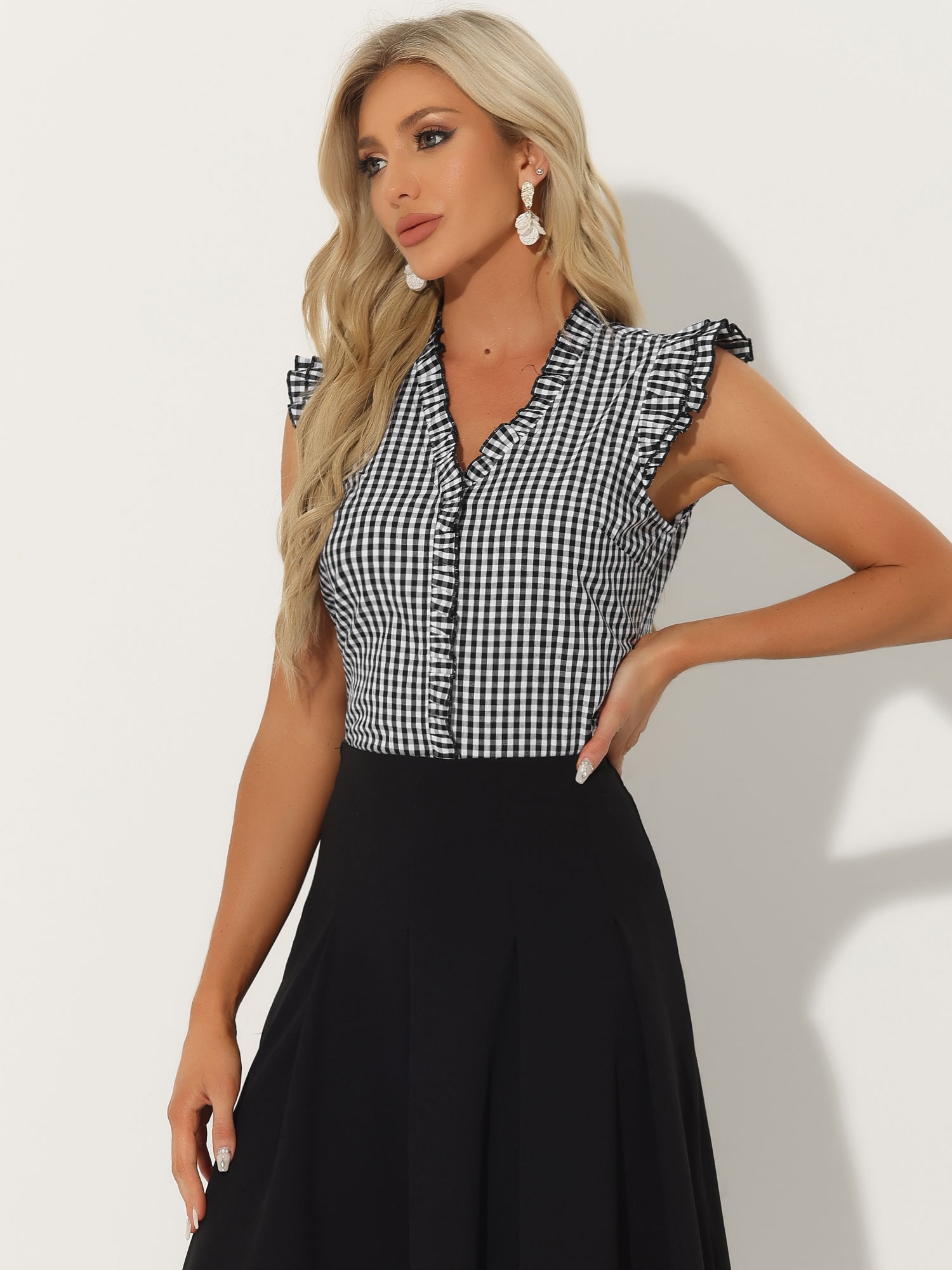 Ruffle Button Down Cap Sleeve Plaid Gingham Blouse Black/L