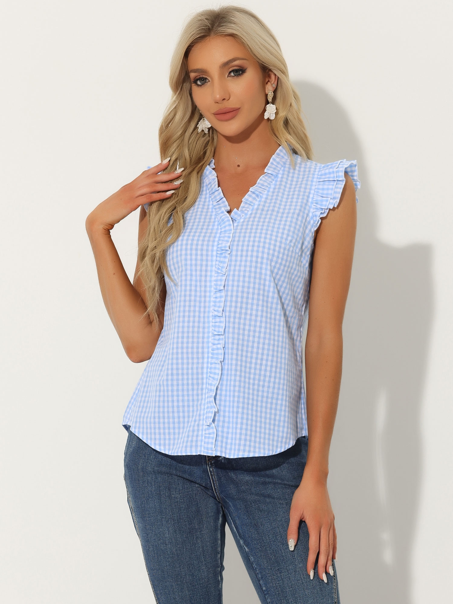 Ruffle Button Down Cap Sleeve Plaid Gingham Blouse Blue/XL