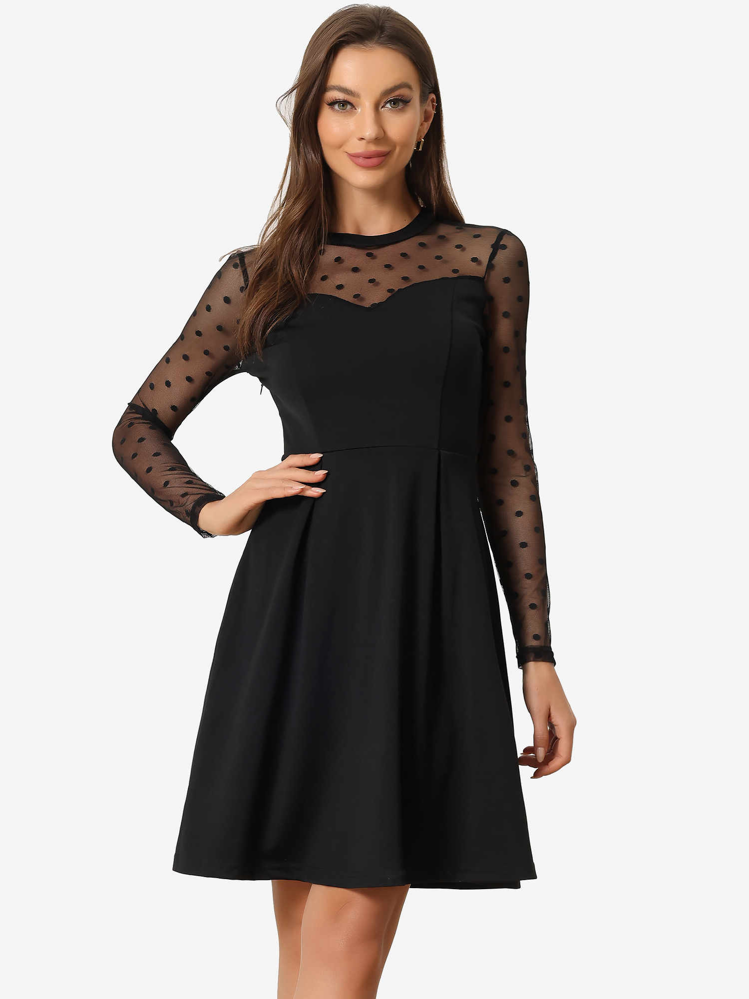 Party Heart Mesh Sheer Sleeve Crew Neck Skater Short Dress Black-Polka Dots/XS