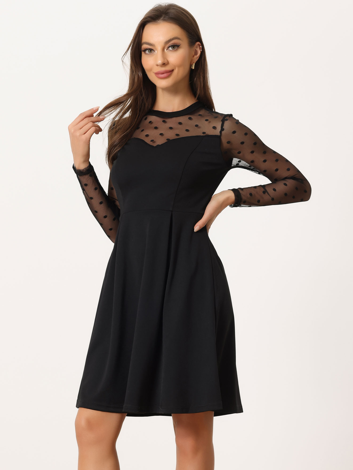 Party Heart Mesh Sheer Sleeve Crew Neck Skater Short Dress Black-Polka Dots/M