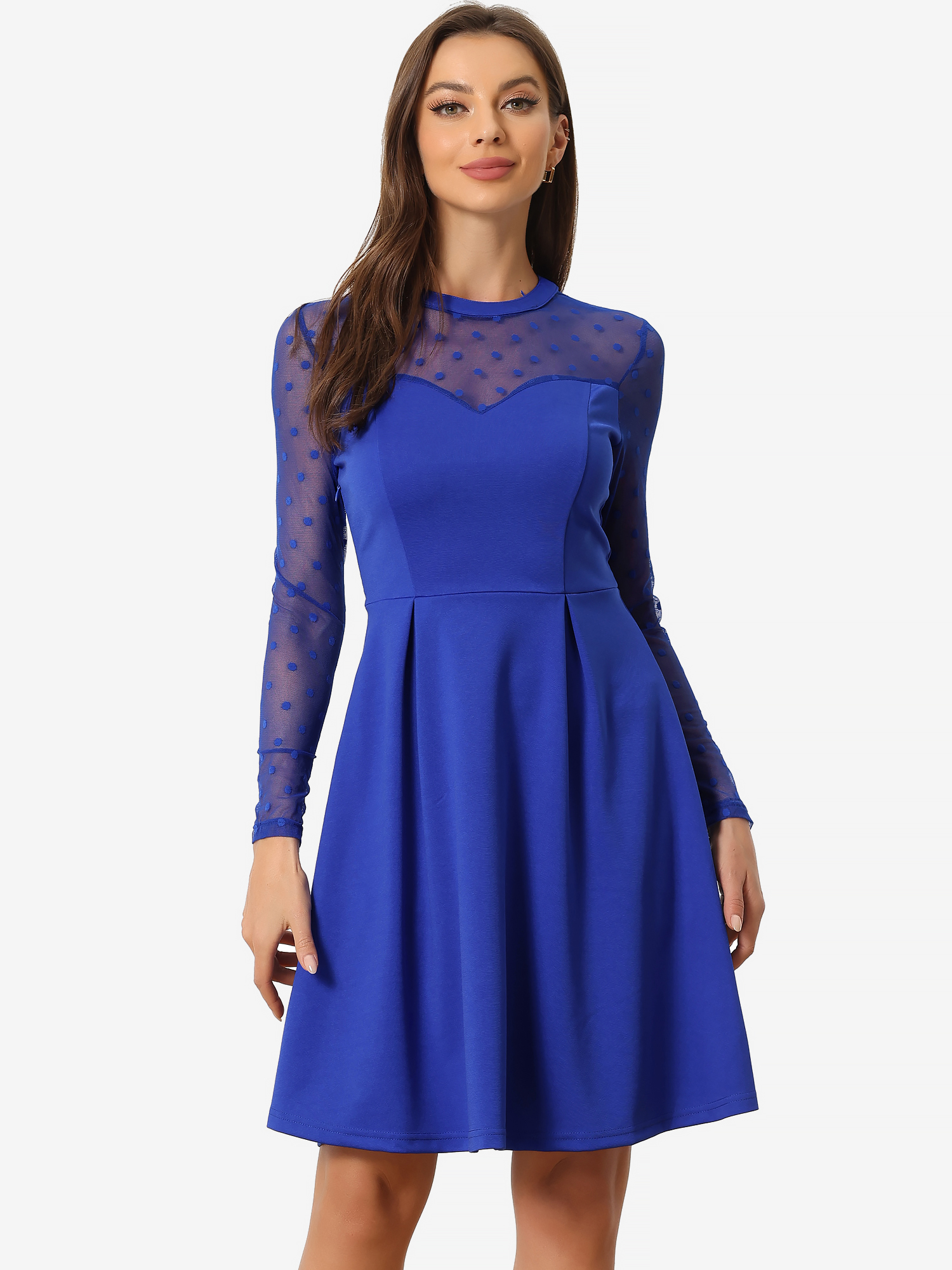 Party Heart Mesh Sheer Sleeve Crew Neck Skater Short Dress Royal Blue-Polka Dots/XS