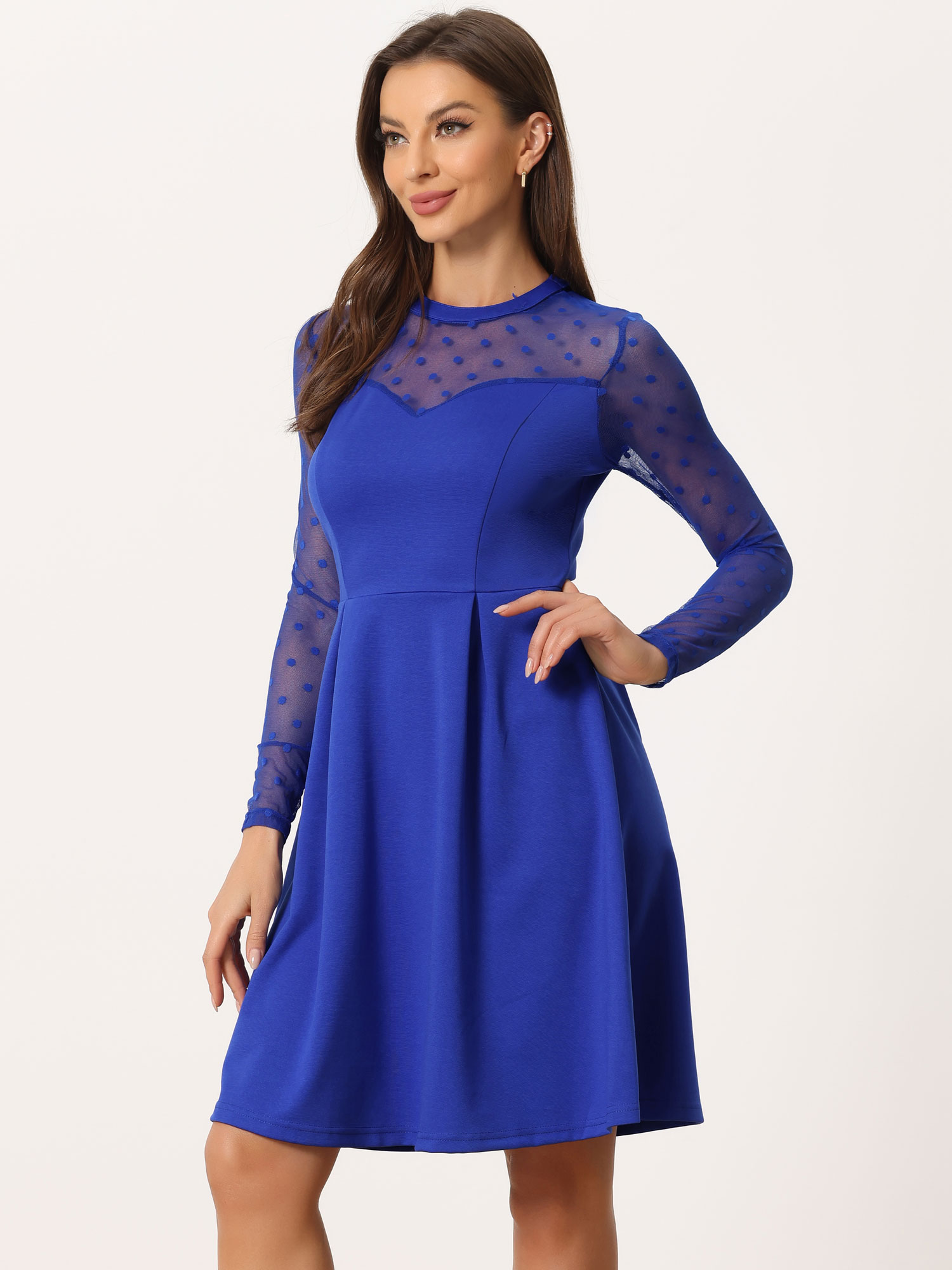 Party Heart Mesh Sheer Sleeve Crew Neck Skater Short Dress Royal Blue-Polka Dots/M