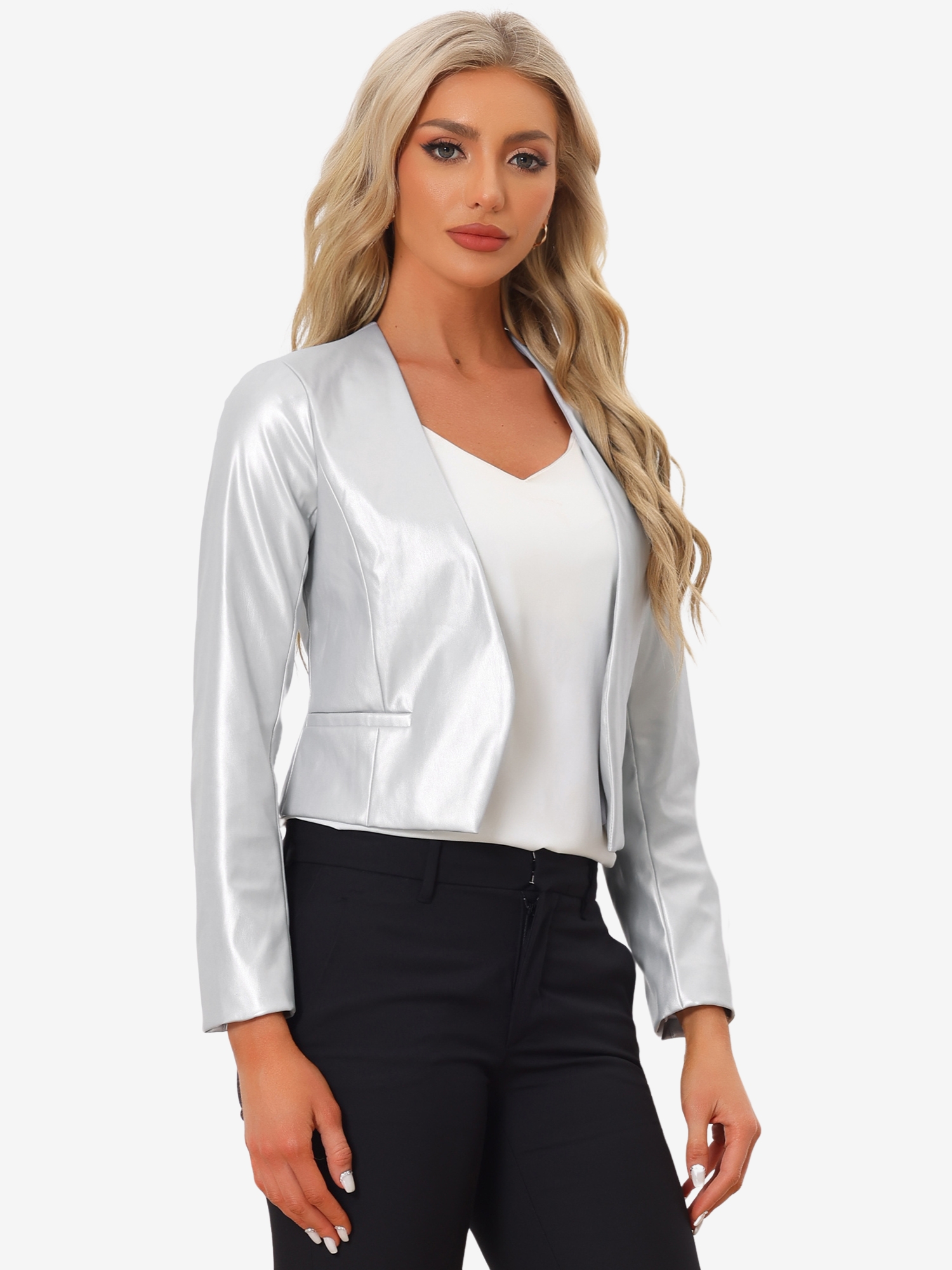 Faux Leather Collarless Open Front PU Moto Biker Crop Blazer Silver/S