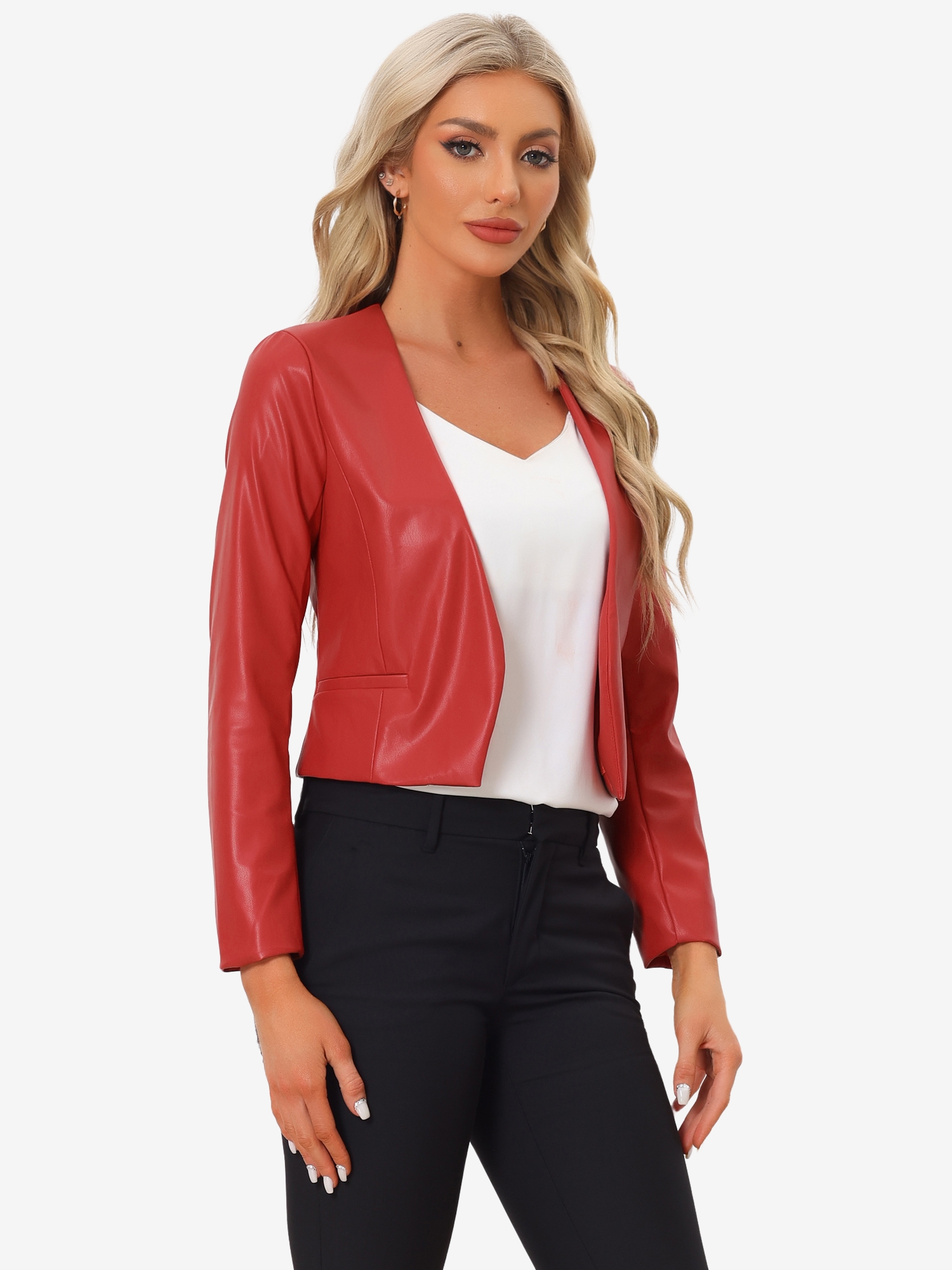 Faux Leather Collarless Open Front PU Moto Biker Crop Blazer Red/XL