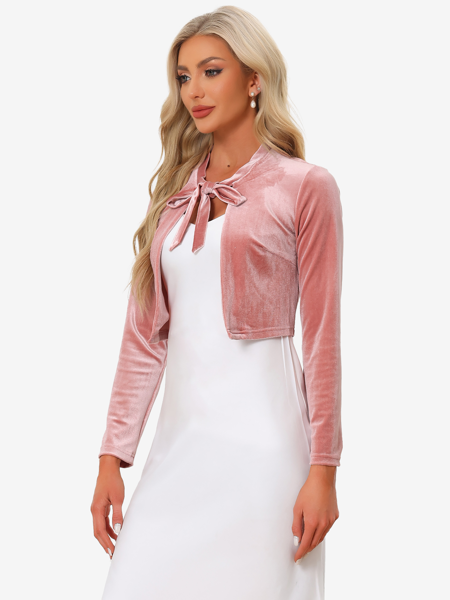 Velvet Crop Shrug Tie Front Long Sleeve Elegant Cocktail Bolero Cardigan Pink/M