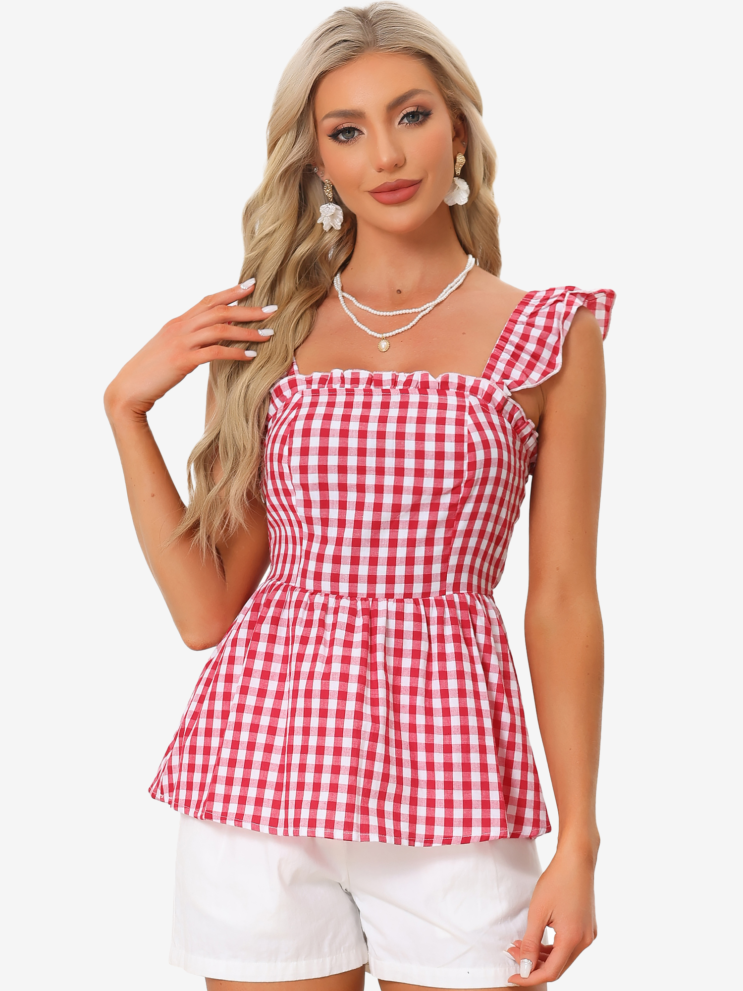Gingham Peplum Top Summer Square Neck Sleeveless Plaid Blouse Red/M