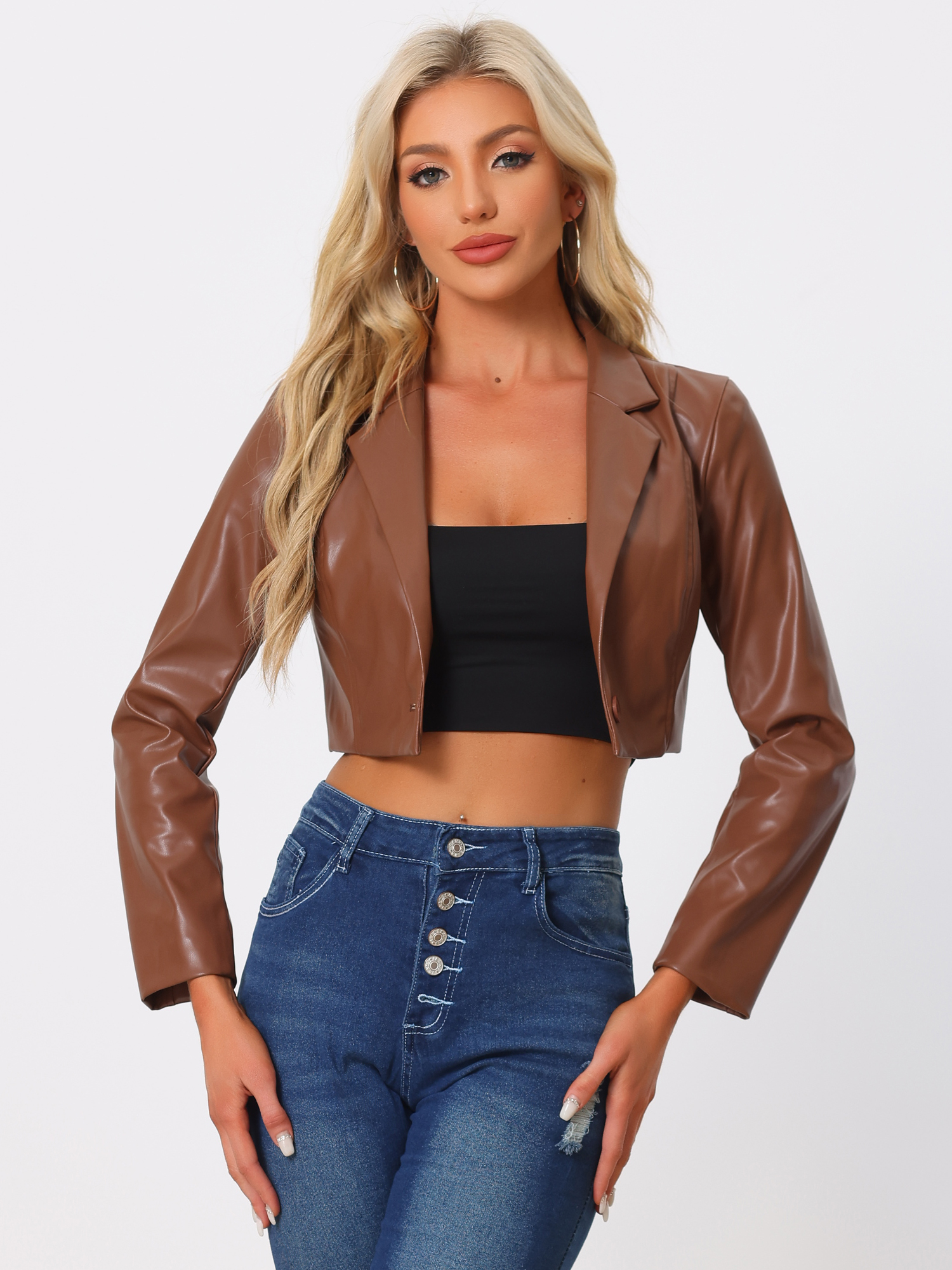 Faux Leather Cropped Blazer Lapel Collar Moto PU Jacket Brown/XL