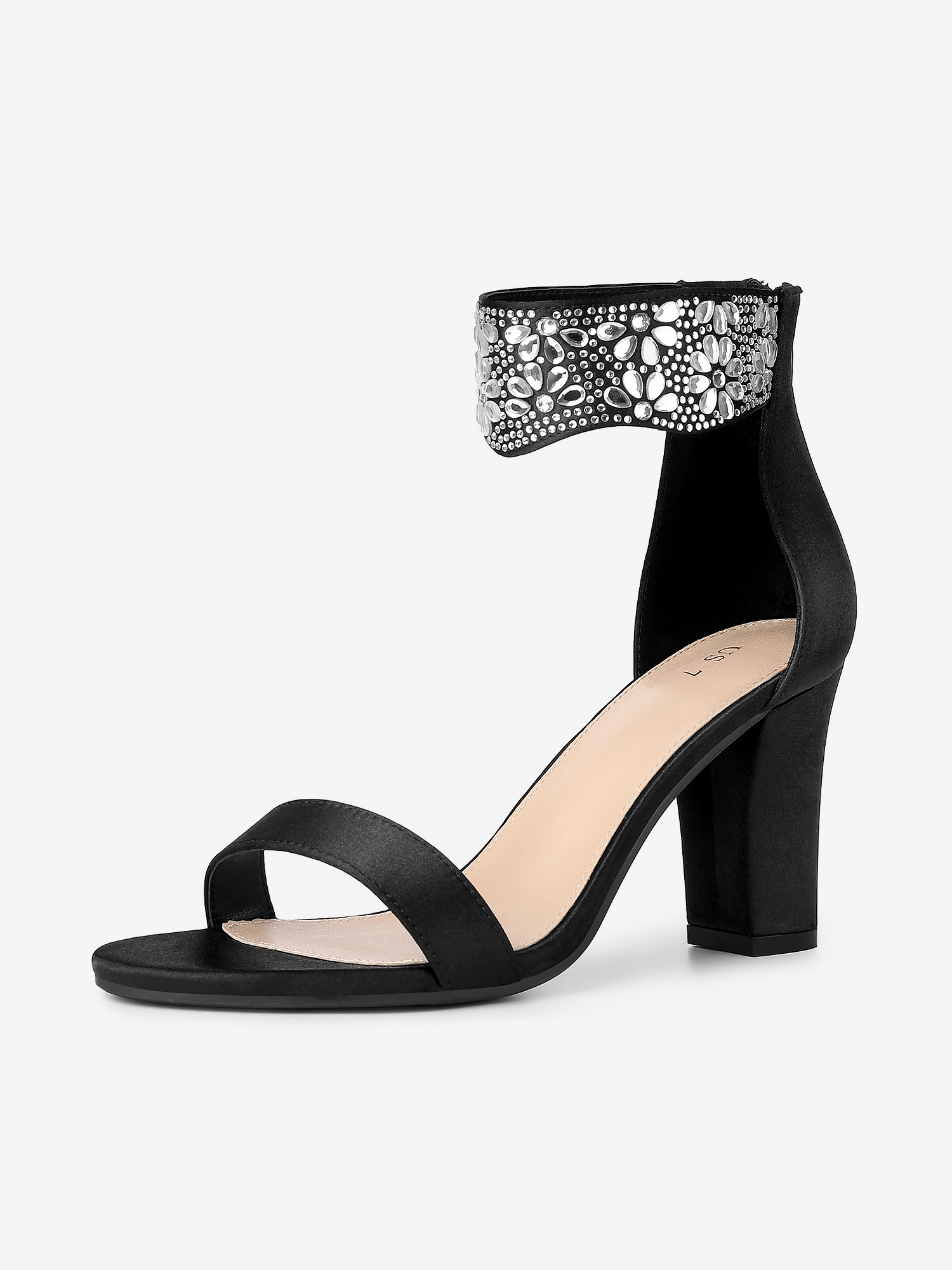 Women's Rhinestone Diamond Decor Crystal Ankle Strap Chunky Heel Sandals Black/7