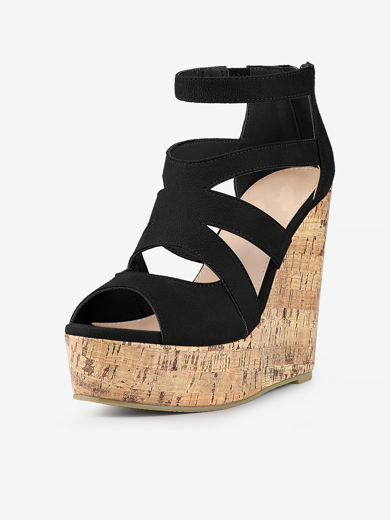 Women's Platform Peep Toe Strappy Back Zip Wedge Heel Sandal Black/6