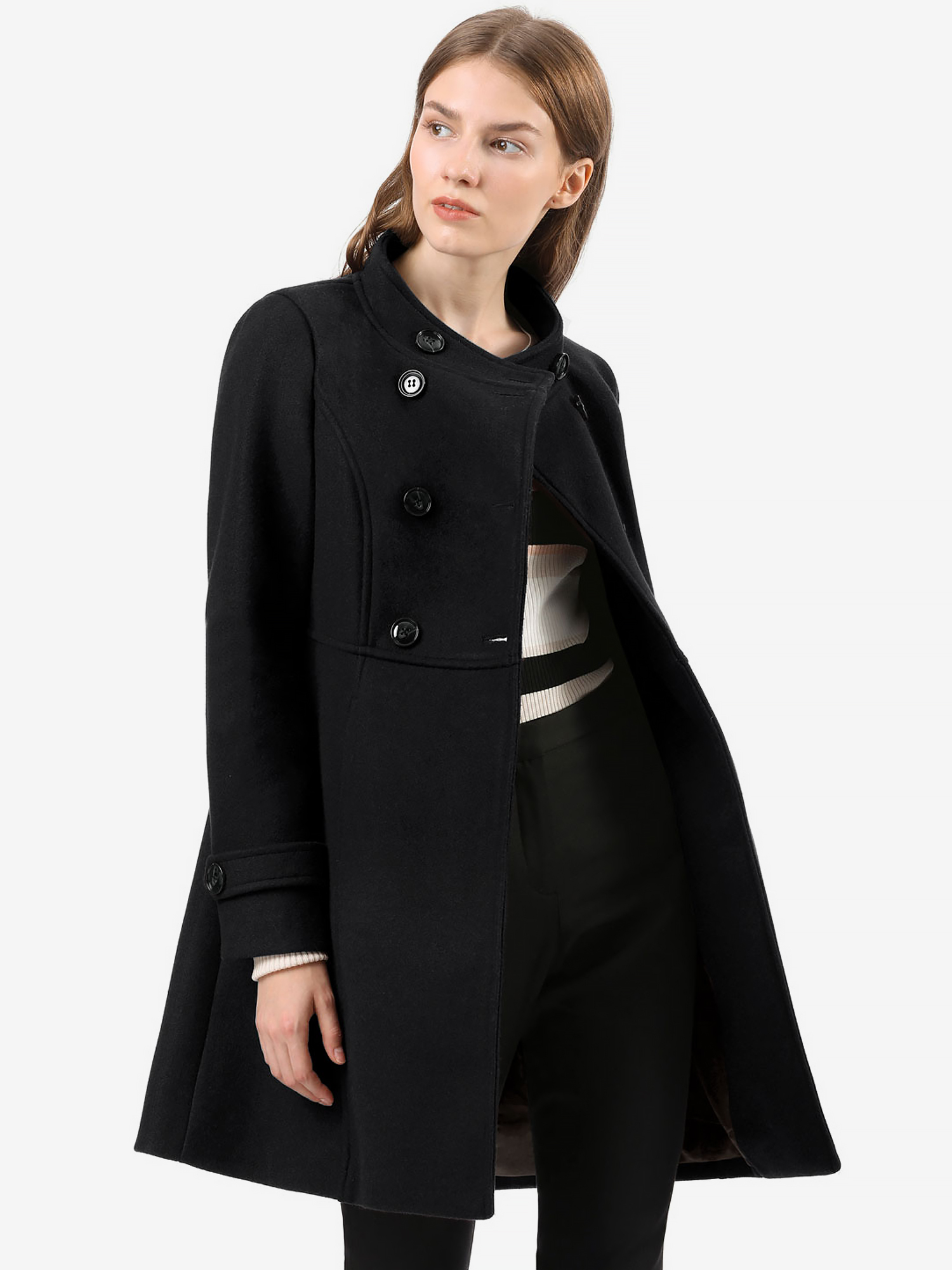 Stand Collar Double Breasted Slant Pockets Winter Coat Black/3XL