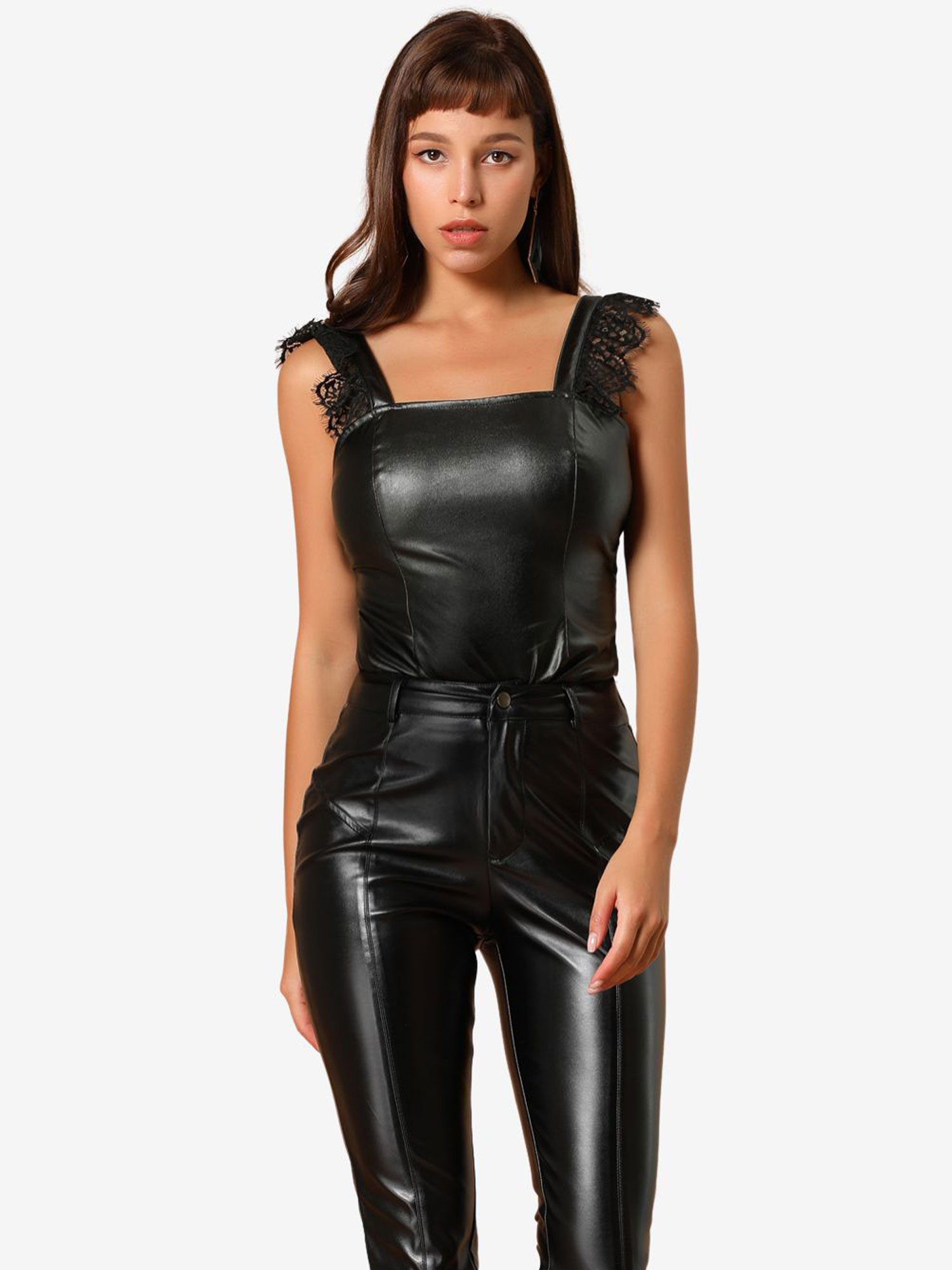 Lace Trim Party Faux Leather PU Tank Top Black/3XL