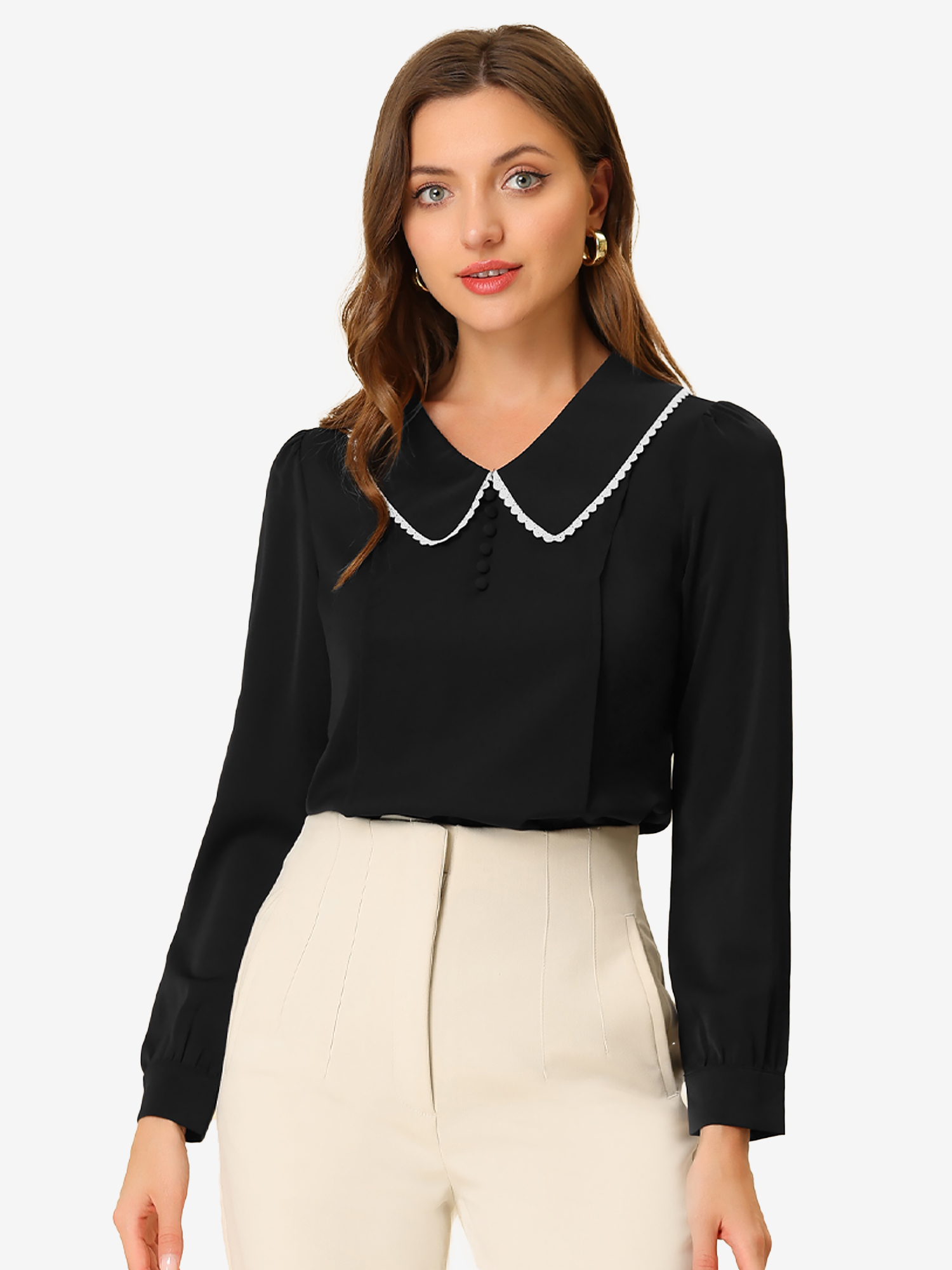 Peter Pan Collar Crochet Trim Long Sleeve Chiffon Office Blouse Black/2XL