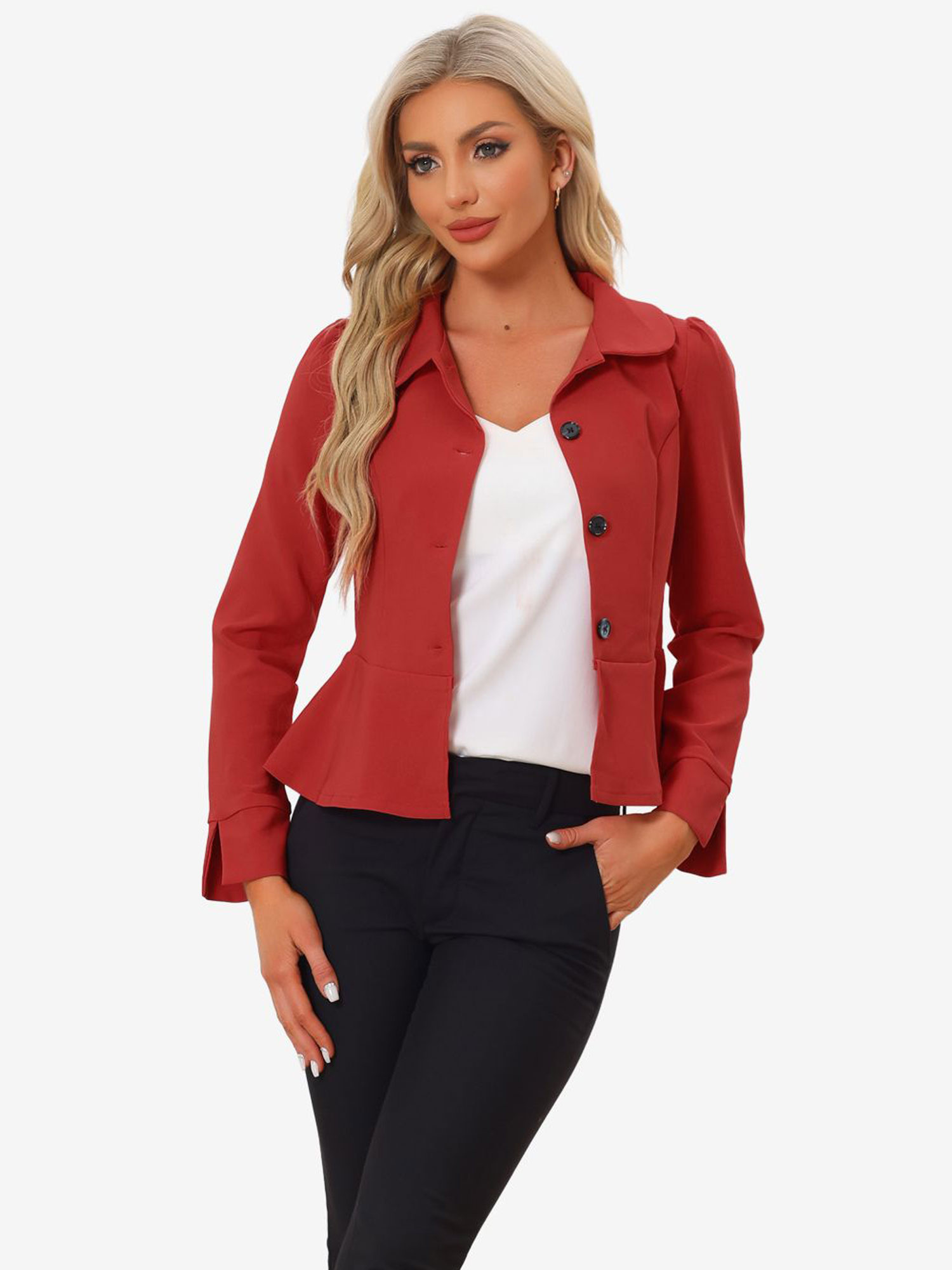 Peplum Peter Pan Collar Ruffle Hem Elegant Office Work Blazer Red/XL