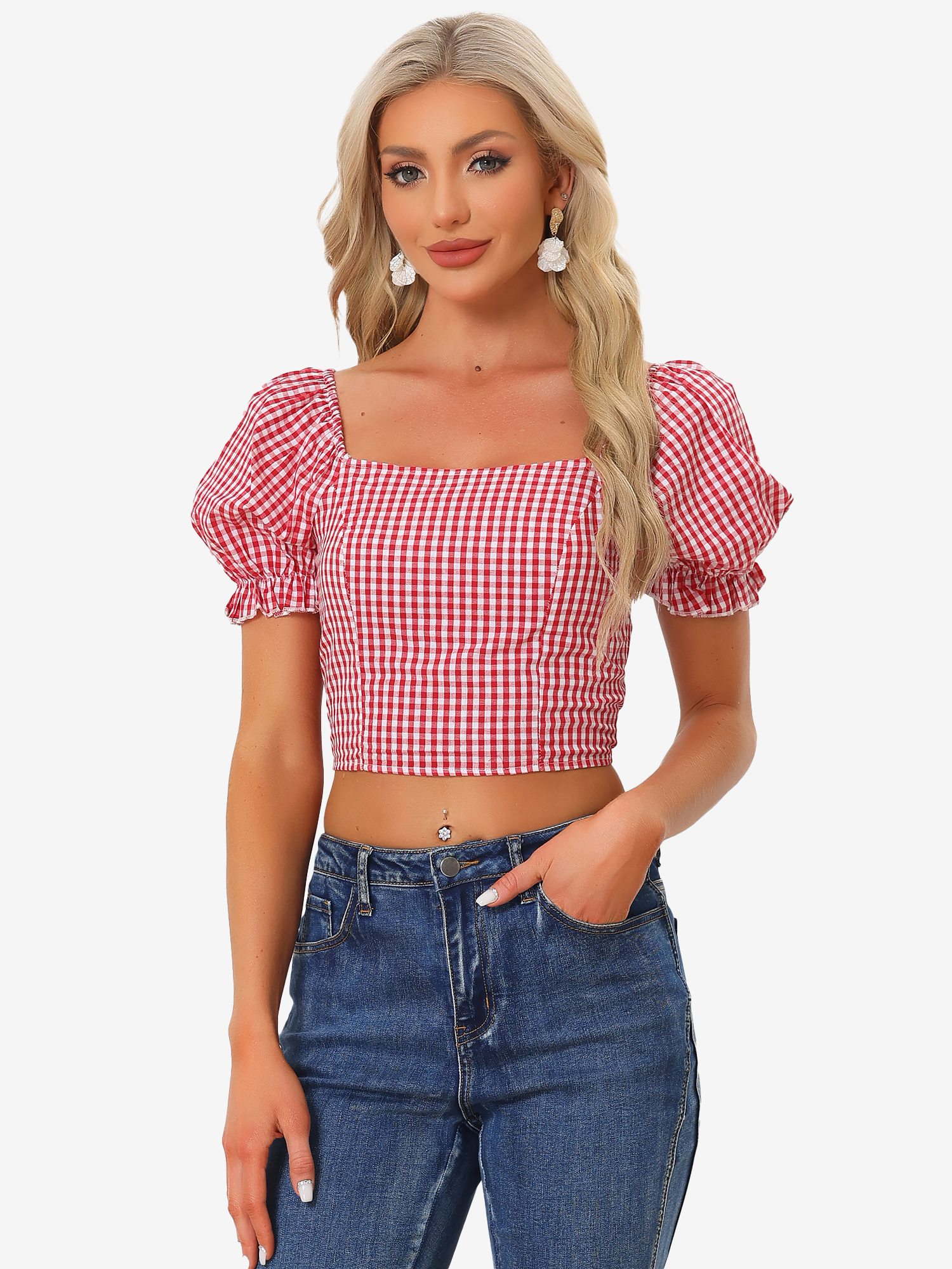 Gingham Bubble Sleeve Smocked Cropped Casual Blouse Red/XL