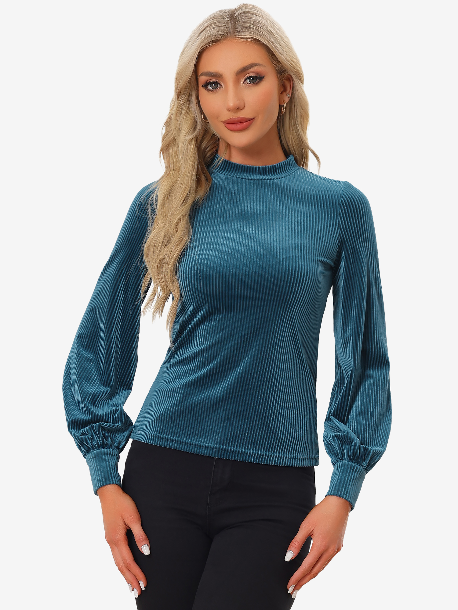 Elegant Velvet Crew Neck Puff Long Sleeve Rib Velour Blouse Peacock Blue/XL