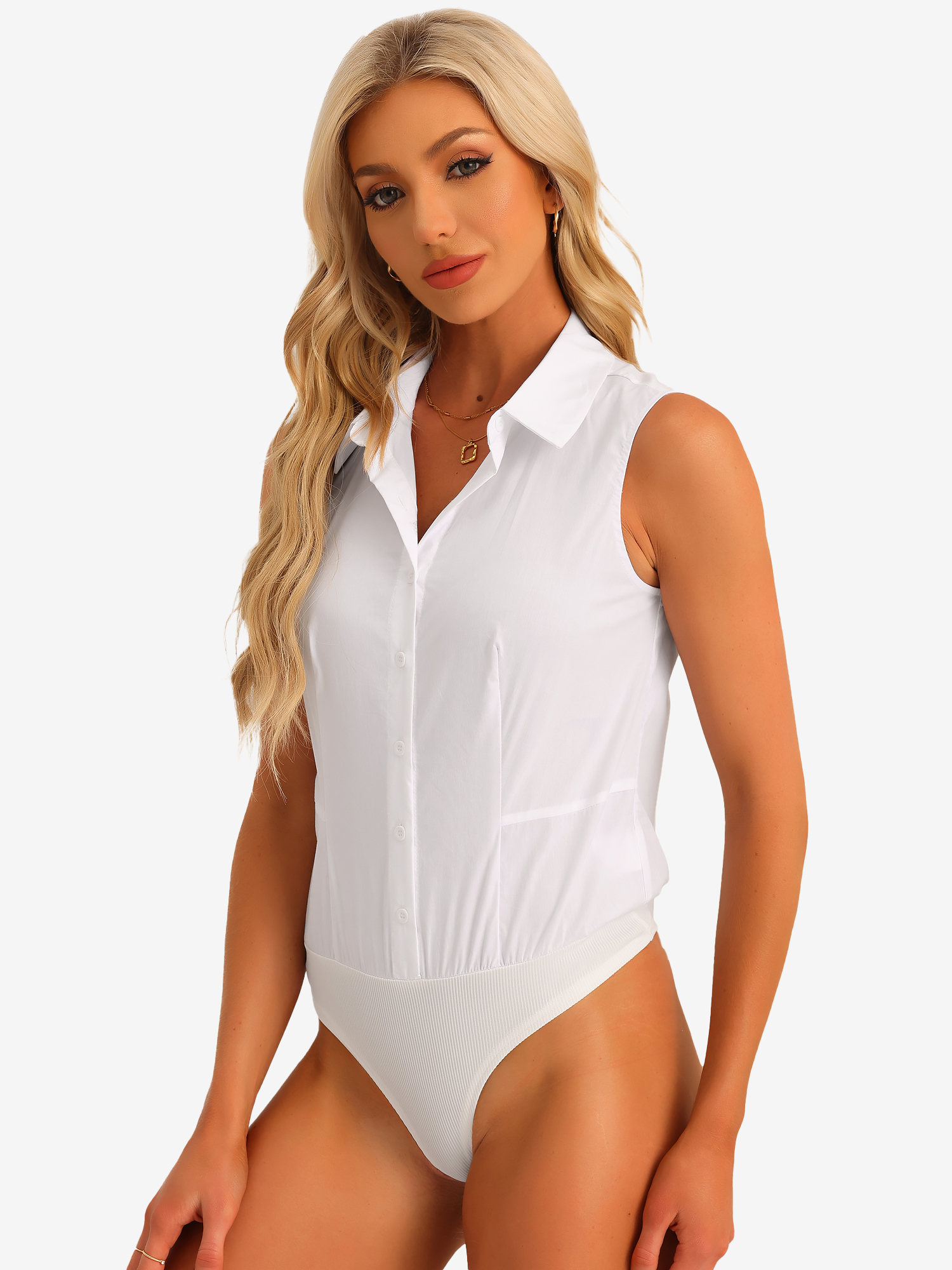 Sleeveless Collared Button Down Leotard Shirt Bodysuit White/M