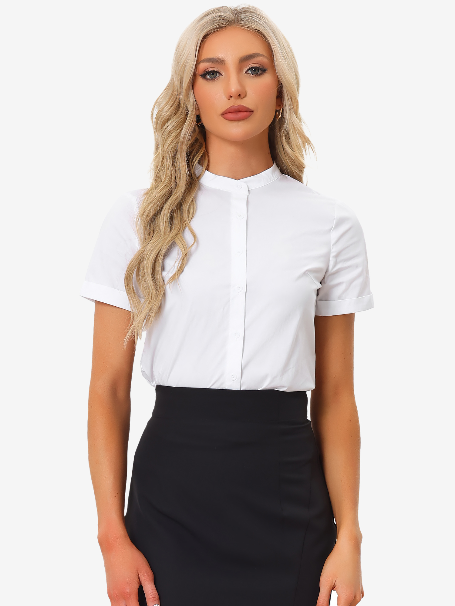 Button Down Stand Collar Short Sleeve Office Work Shirt Bodysuits White/S
