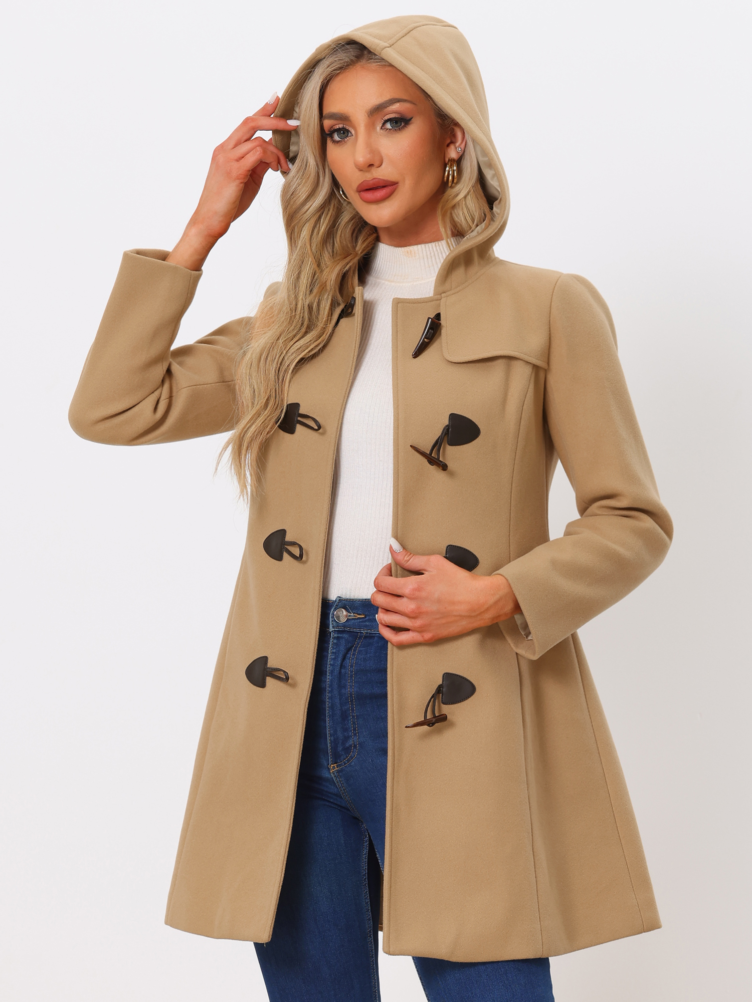 Hooded Toggle Button Up Duffle Coat Winter Outwear Khaki/XL