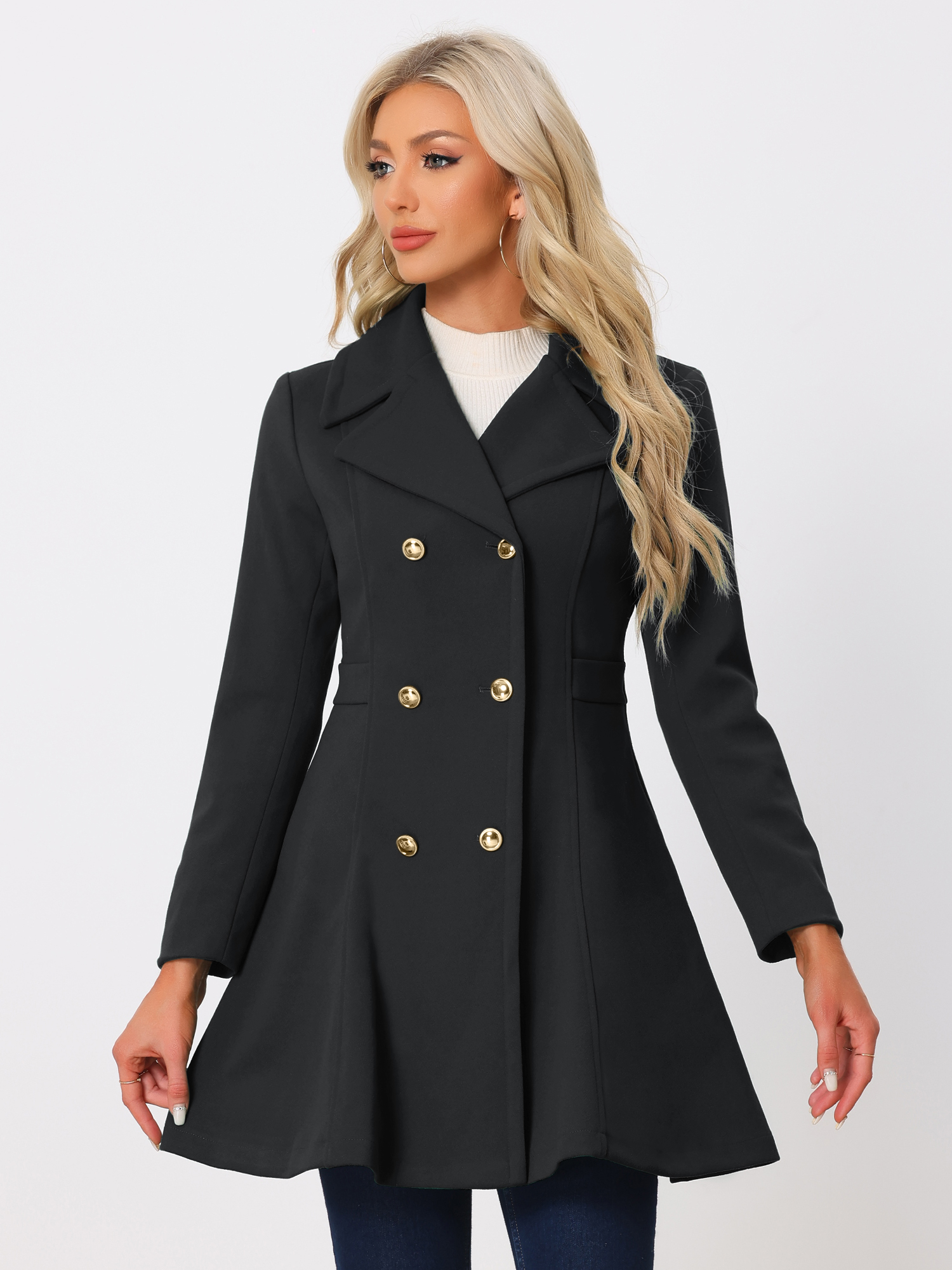 Winter Long Lapel Collar Contrast Double Breast Coat Black/M