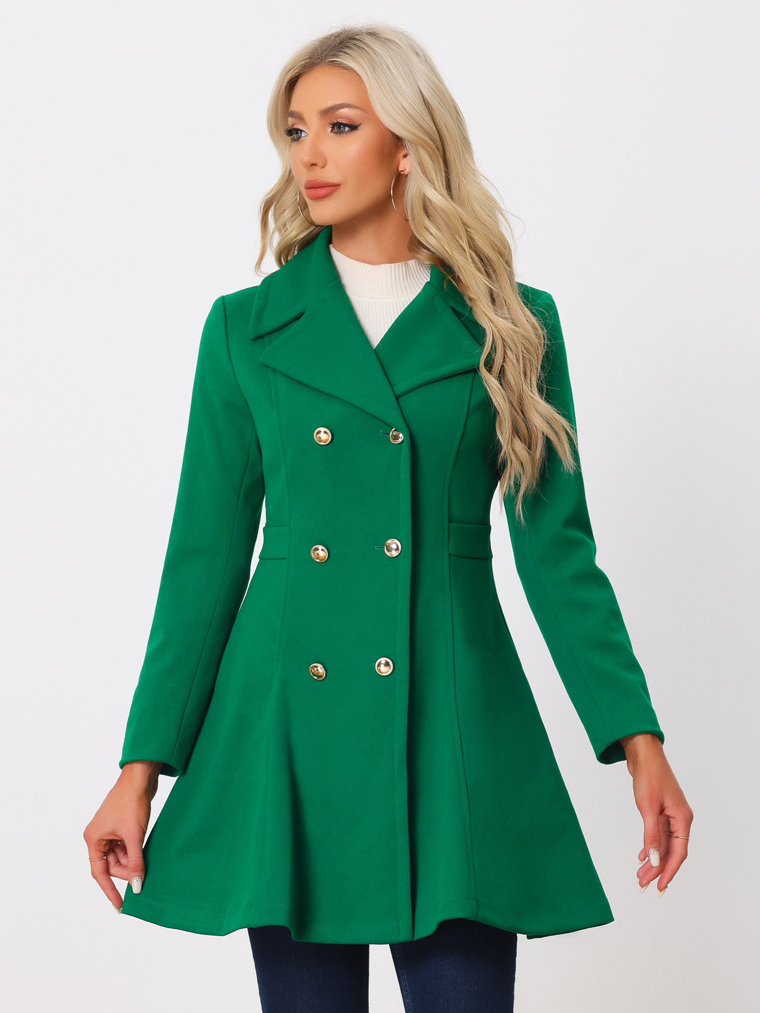 Winter Long Lapel Collar Contrast Double Breast Coat Green/XS