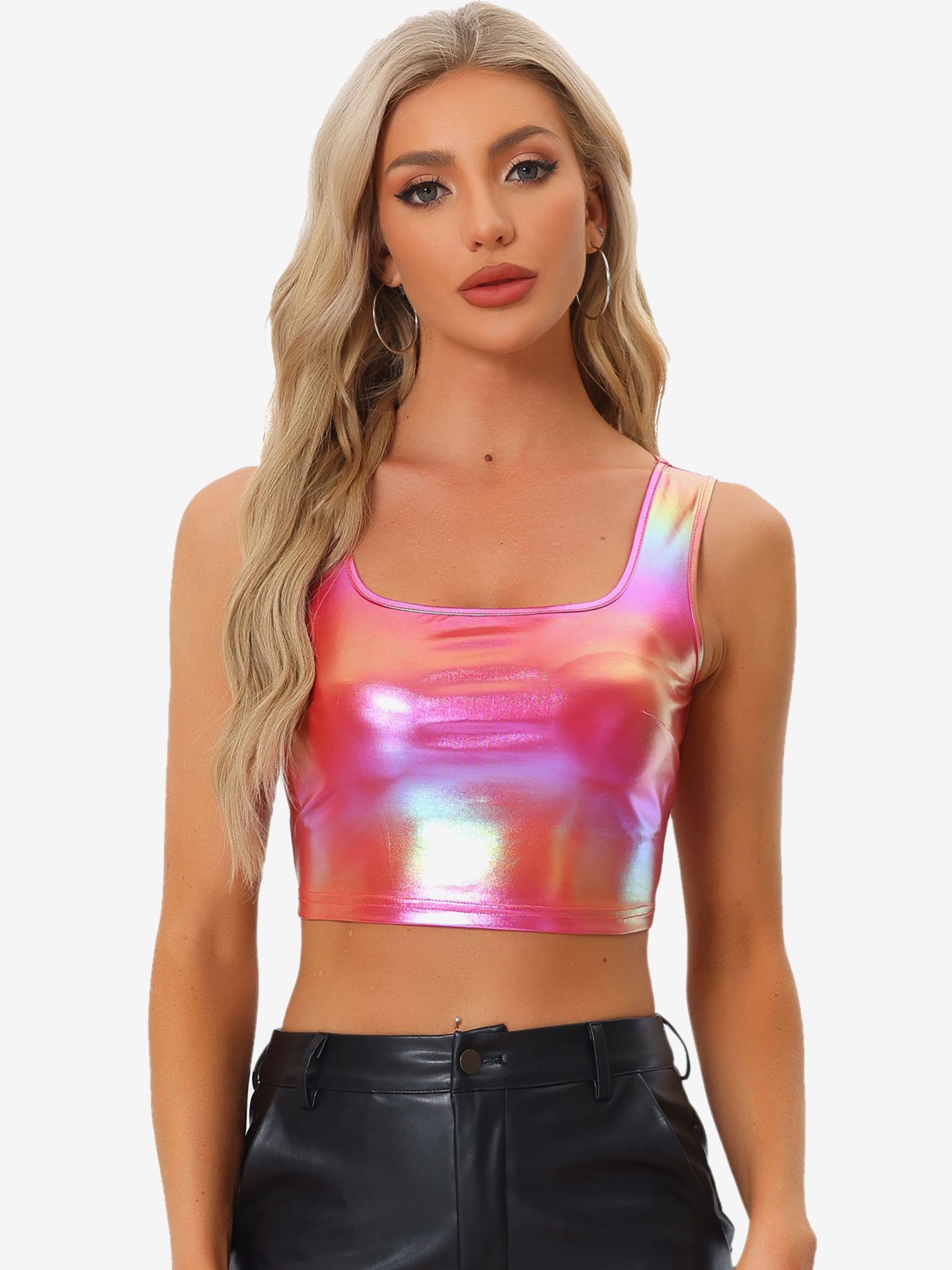 Sleeveless U Neck Party Holographic Shiny Metallic Crop Top Holographic Red/M