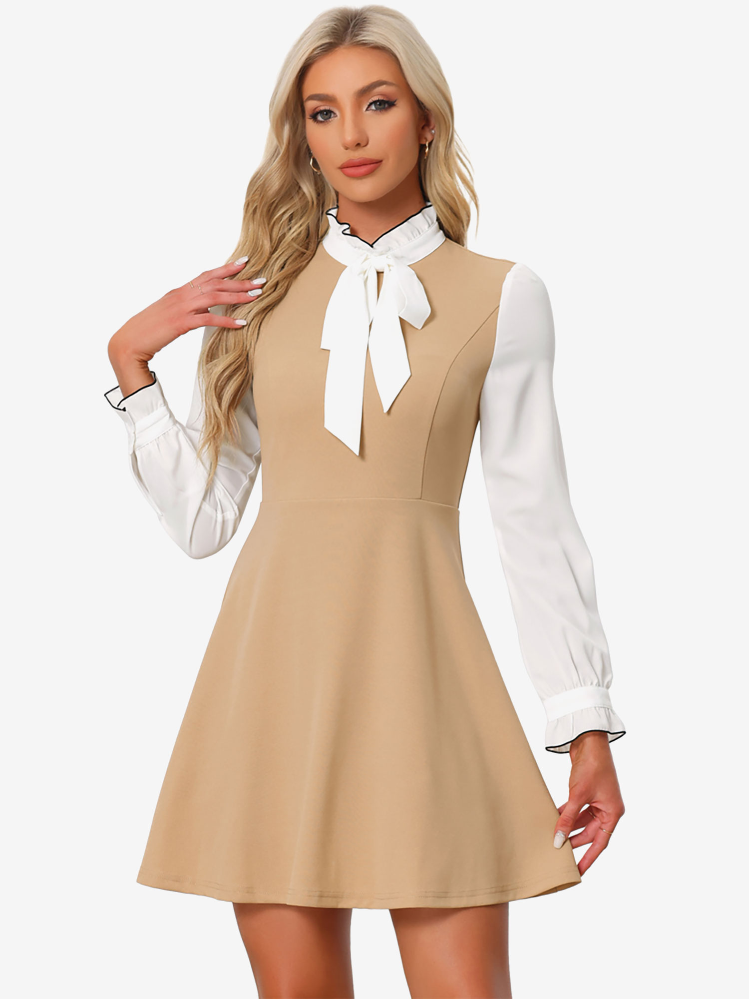 Patchwork Contrast Color Long Sleeve Tie Neck Mini Dress Khaki/L