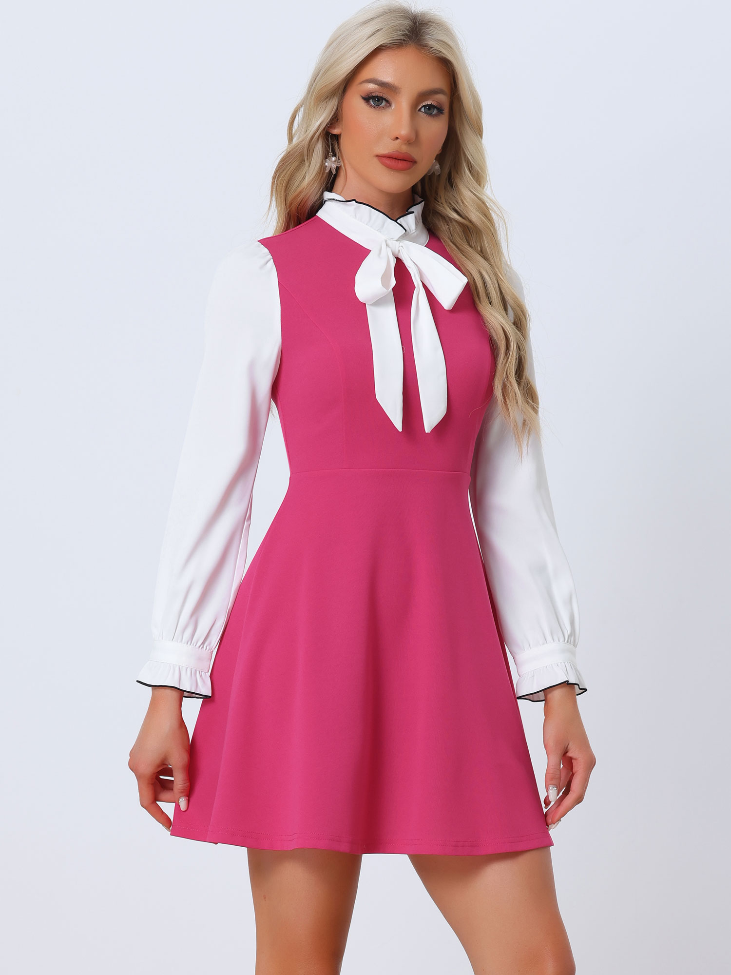 Patchwork Contrast Color Long Sleeve Tie Neck Mini Dress Hot Pink/S