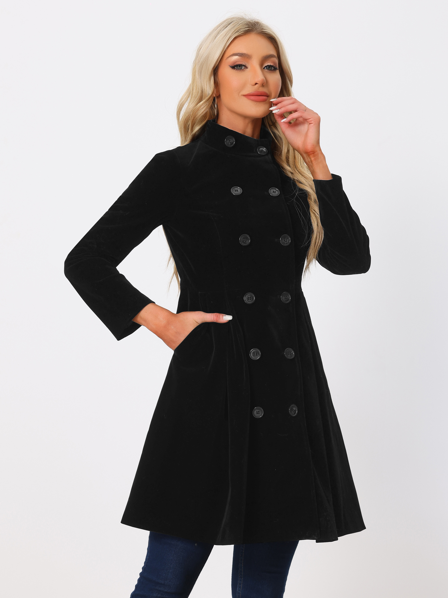 Velvet A-Line Stand Collar Double Breasted Winter Trench Coat Black/M