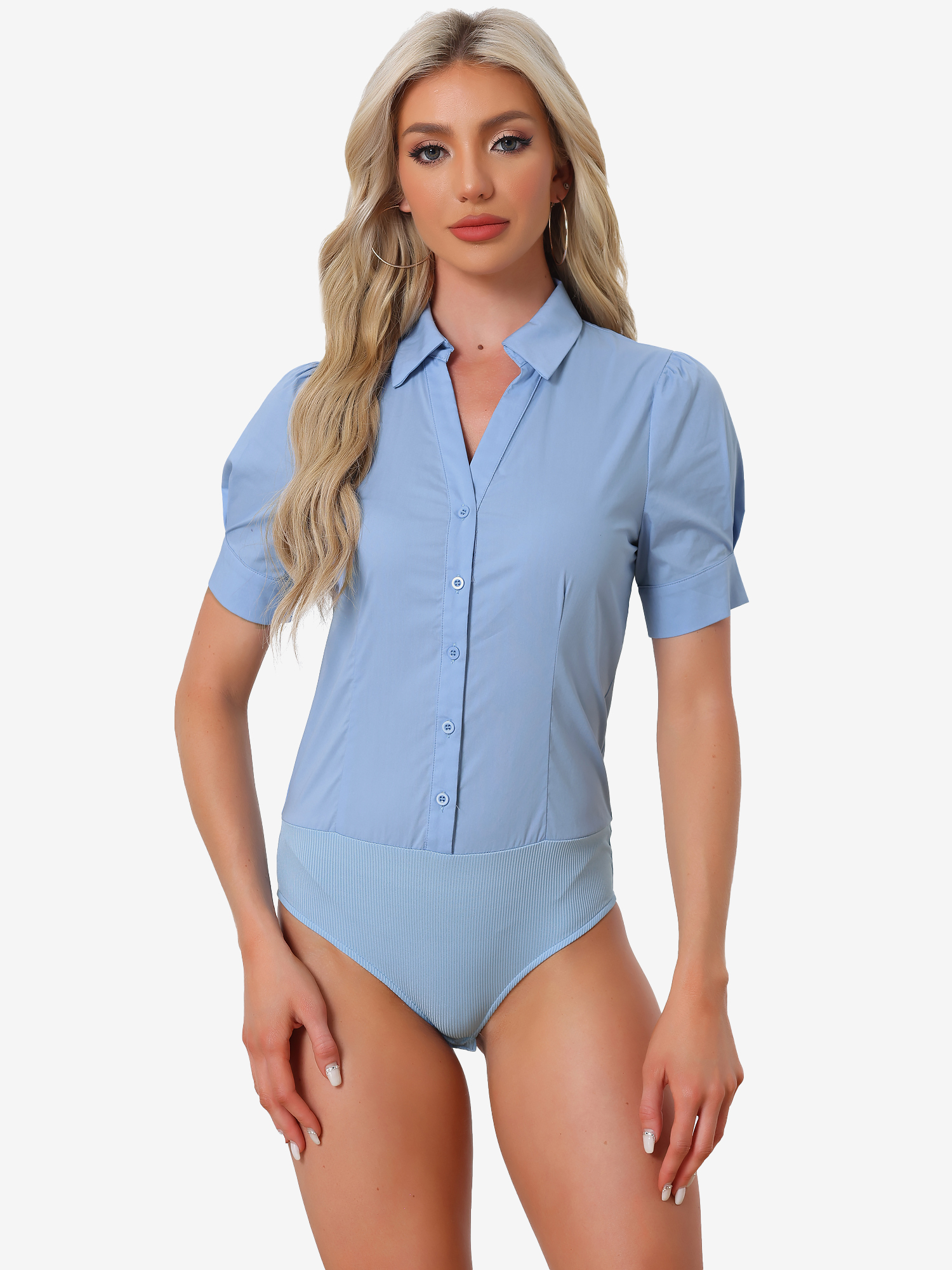 Button Down Leotard Shirt Short Sleeve Collared Business Work Bodysuit Blue/L
