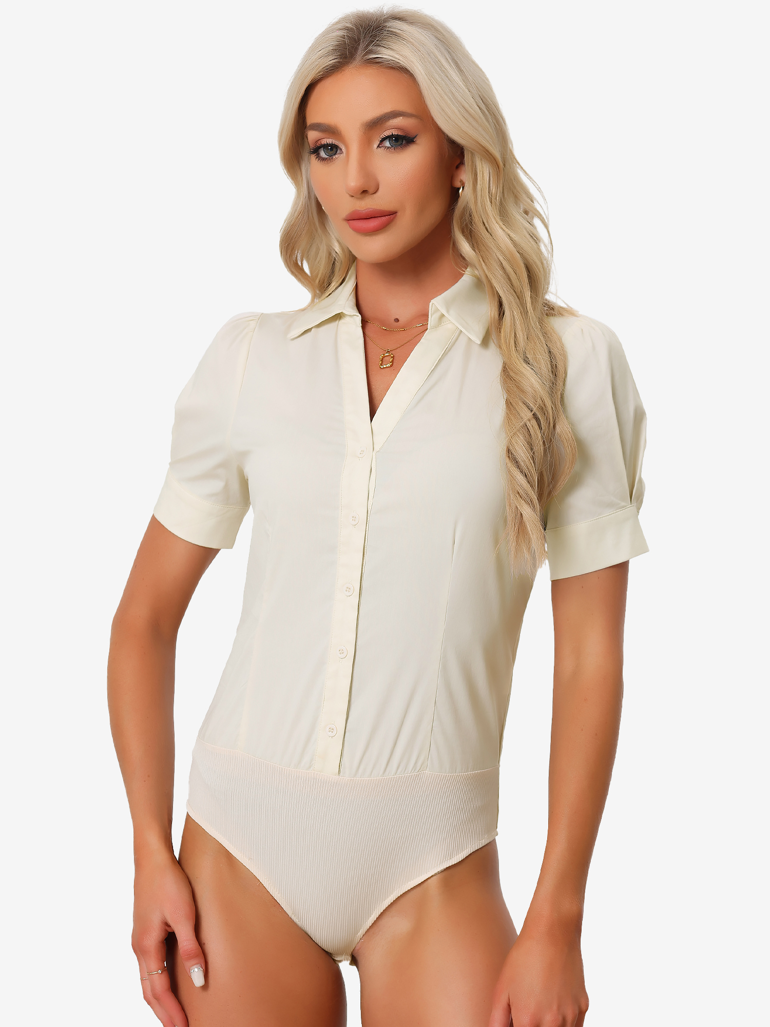 Button Down Leotard Shirt Short Sleeve Collared Business Work Bodysuit Beige/S