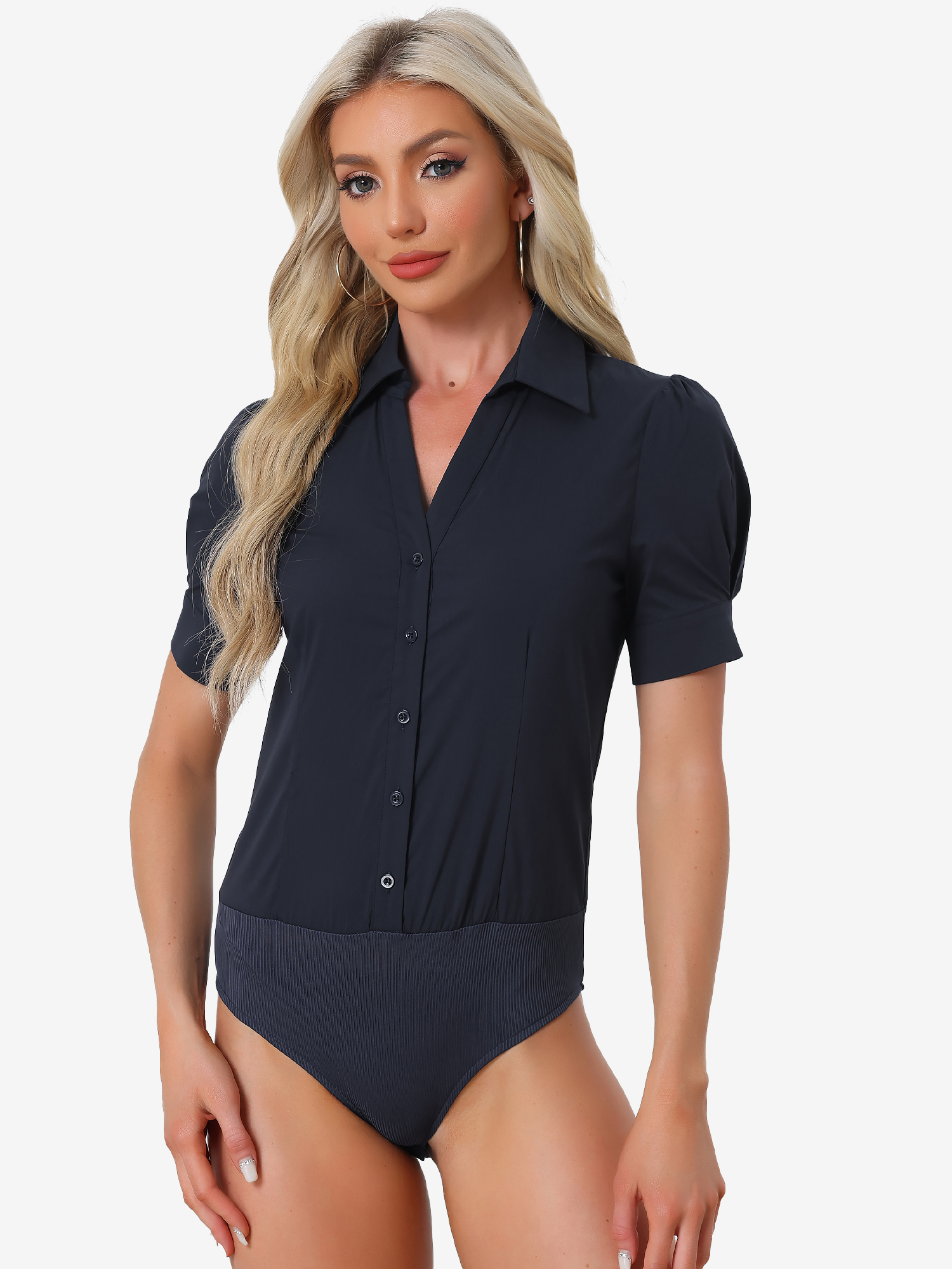 Button Down Leotard Shirt Short Sleeve Collared Business Work Bodysuit Navy Blue/XS