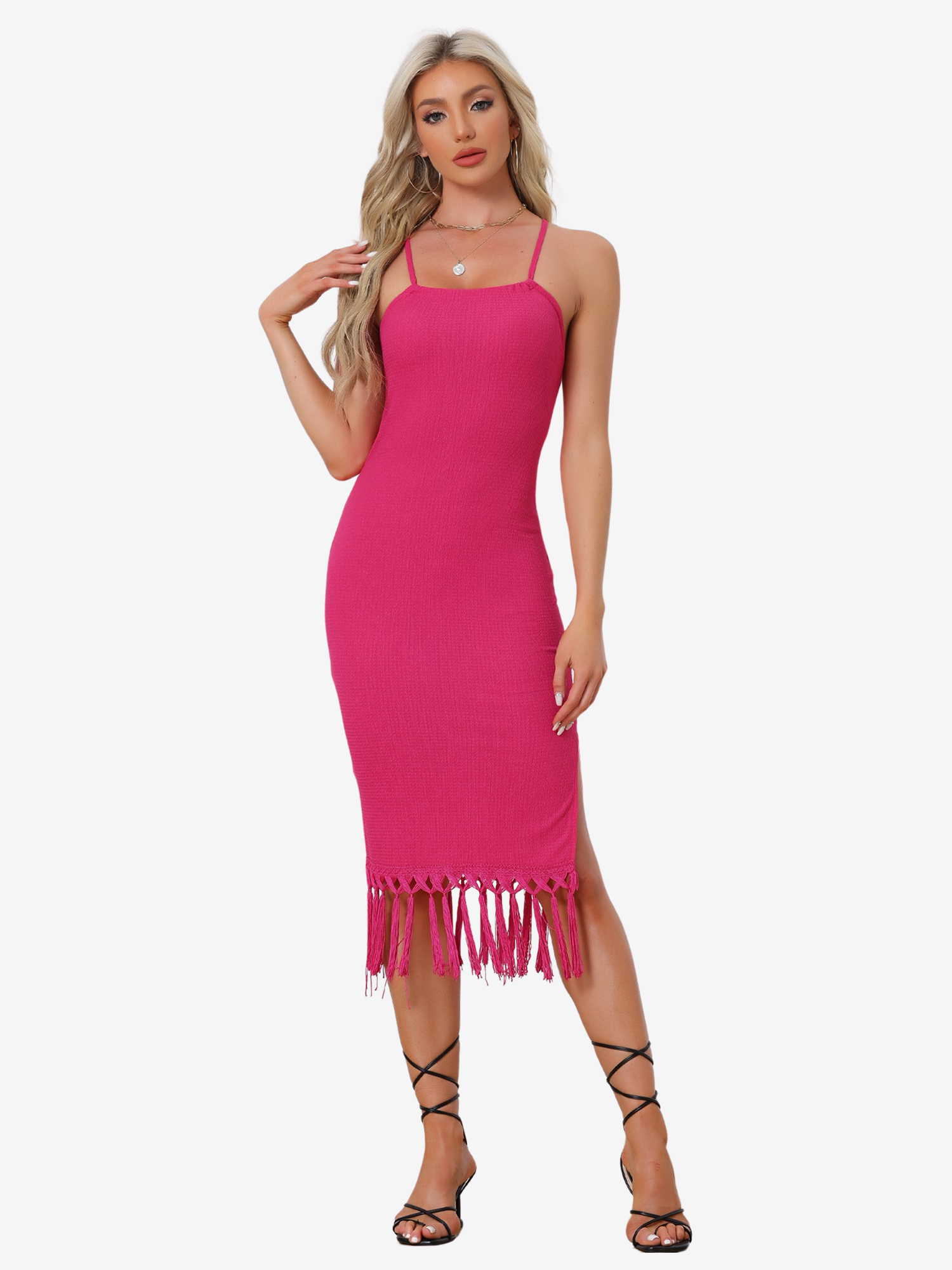 Crochet Dress Fringe Hem Boho Beach Sleeveless Dress Hot Pink/XS